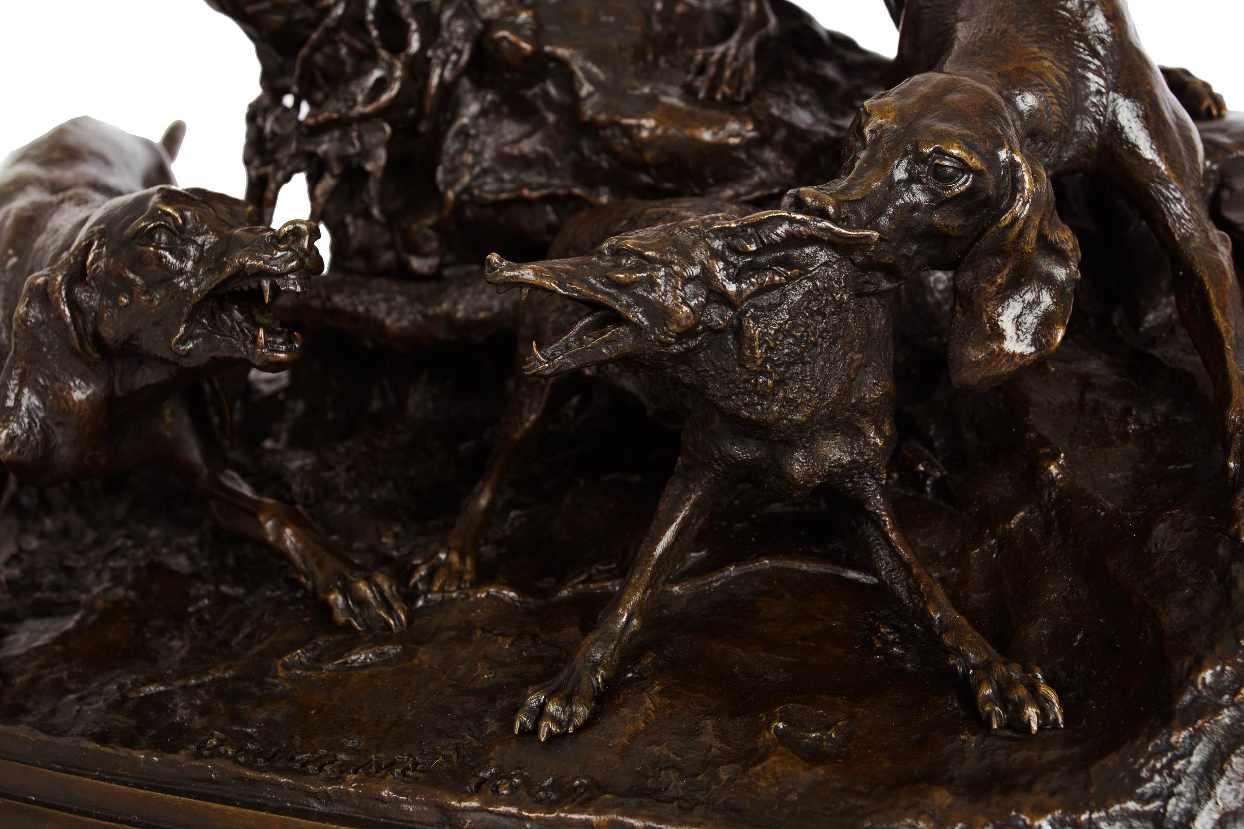 19th Century French Bronze Sculpture of Hound Dogs Hunting Fox by Pierre Jules Mene