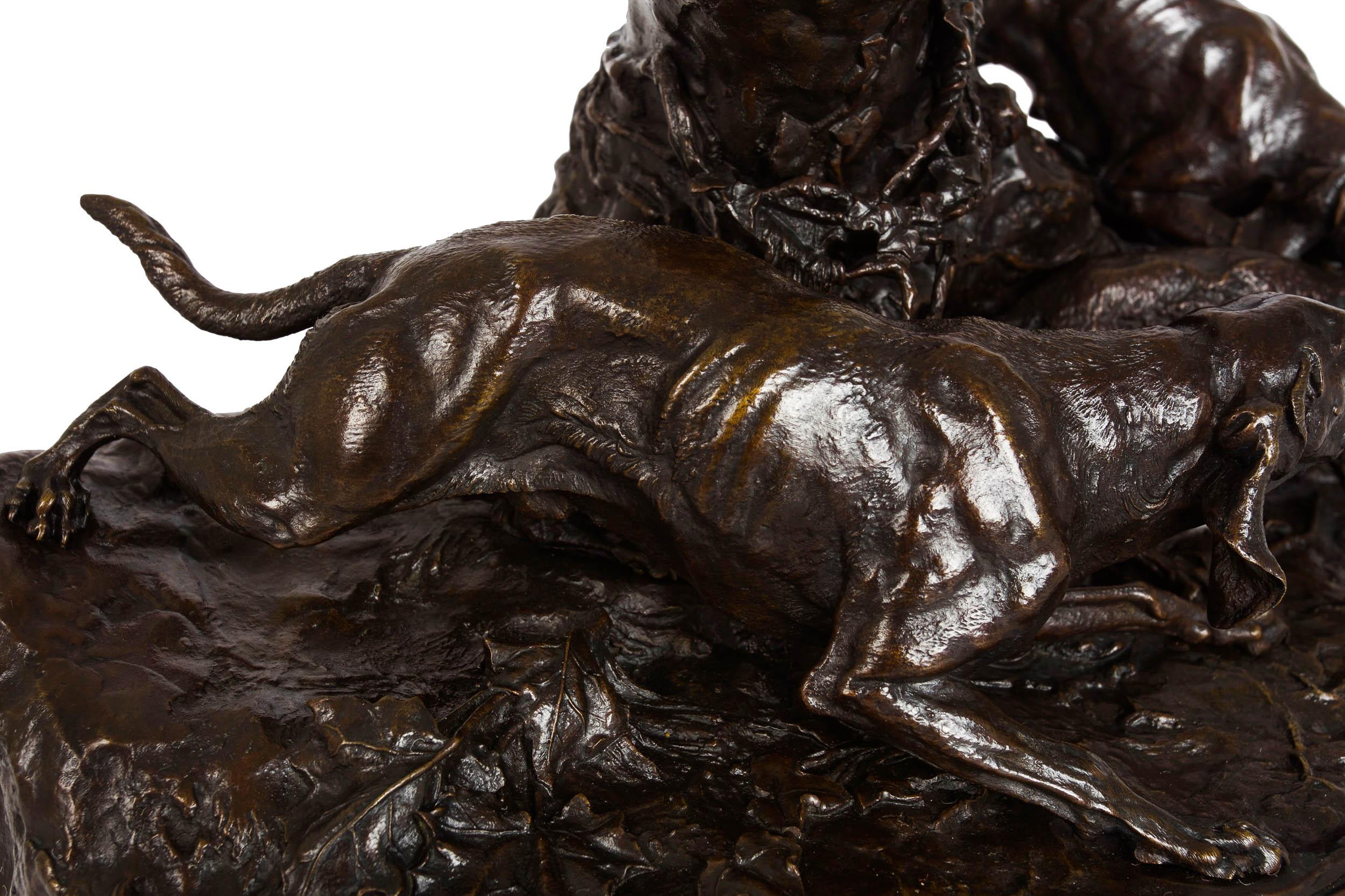 French Bronze Sculpture of Hound Dogs Hunting Fox by Pierre Jules Mene 1