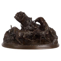French Bronze Sculpture of Hound Dogs Hunting Fox by Pierre Jules Mene