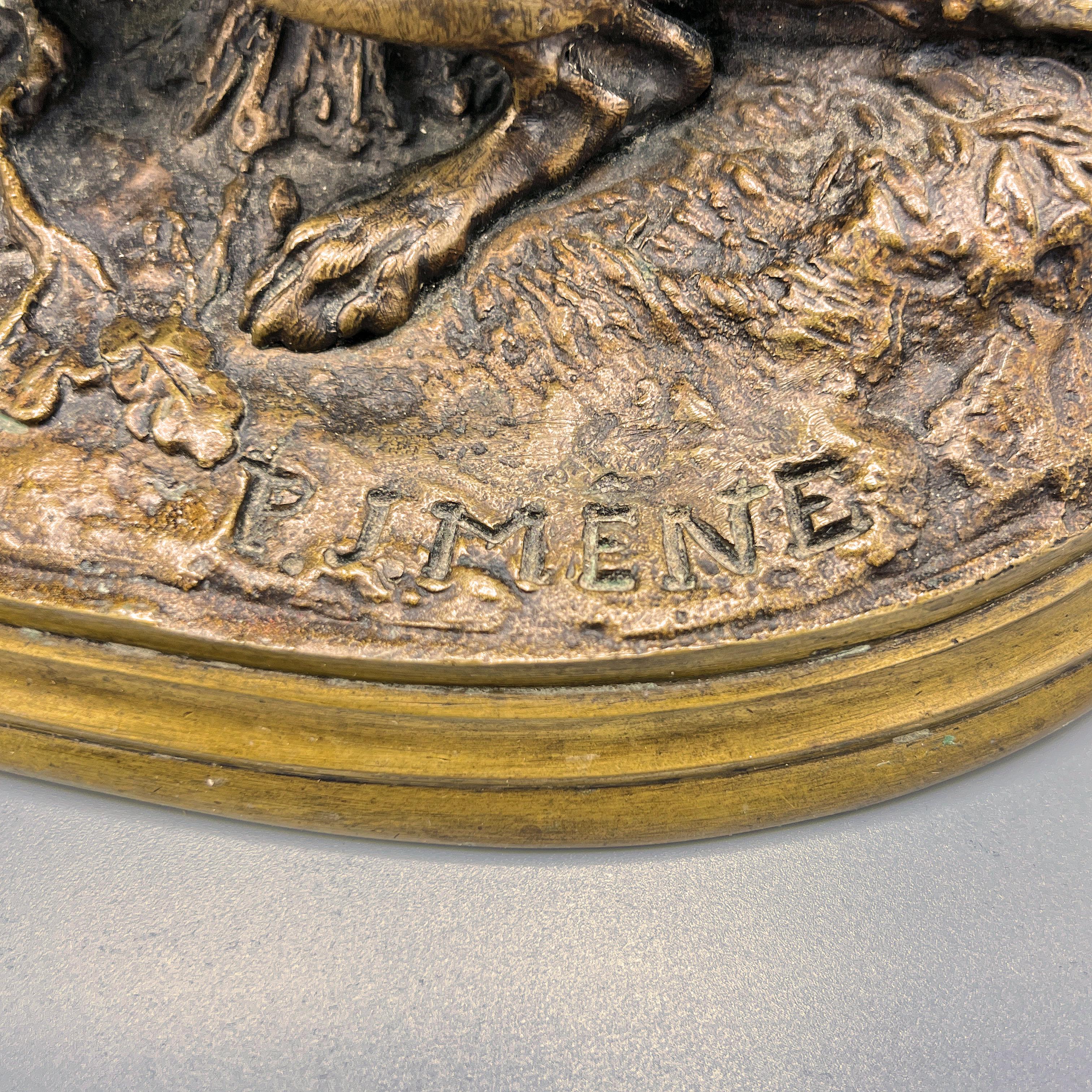 XIX secolo Scultura francese in bronzo con segugi che cacciano fagiani, dopo PIerre Jules Mene in vendita