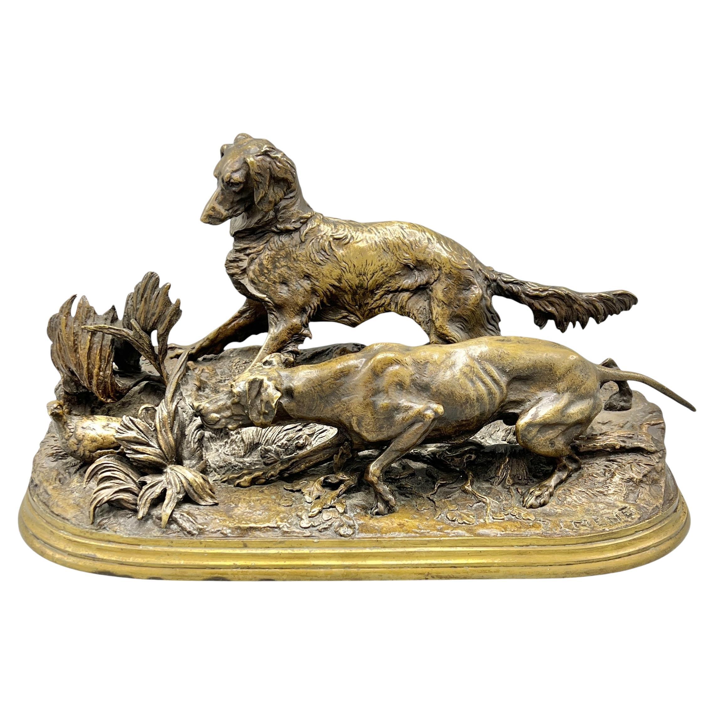 Escultura francesa de bronce de lebreles cazando faisanes según PIerre Jules Mene