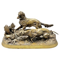 Escultura francesa de bronce de lebreles cazando faisanes según PIerre Jules Mene