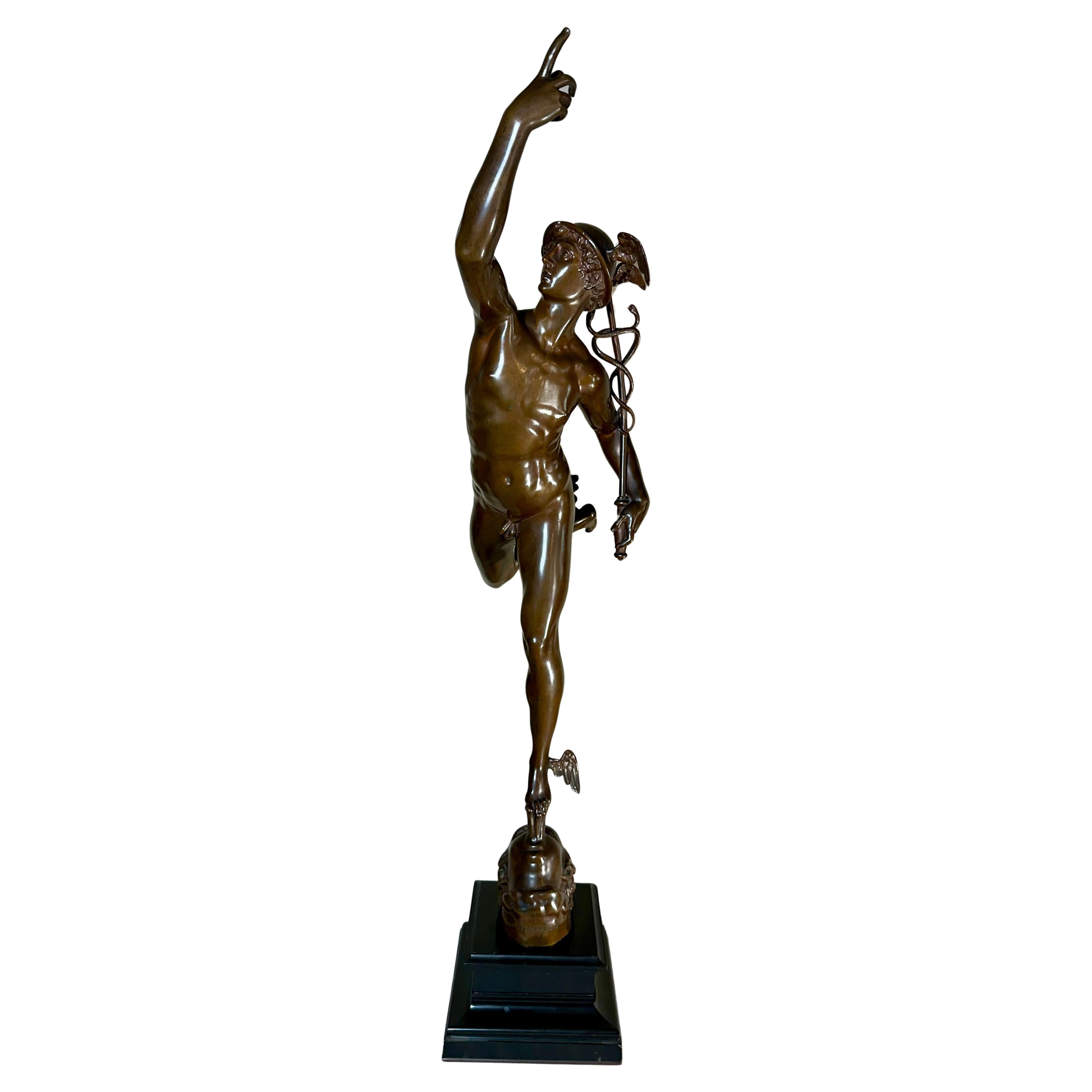 French Bronze Sculpture of Mercury Signed  F. Barbedienne Fondeur, Ca. 1860.

This bronze statue of Mercury Volante is a copy of the late 16th Century bronze by the great Italian sculptor Giambologna.  The statue, signed Ferdinand Barbedienne