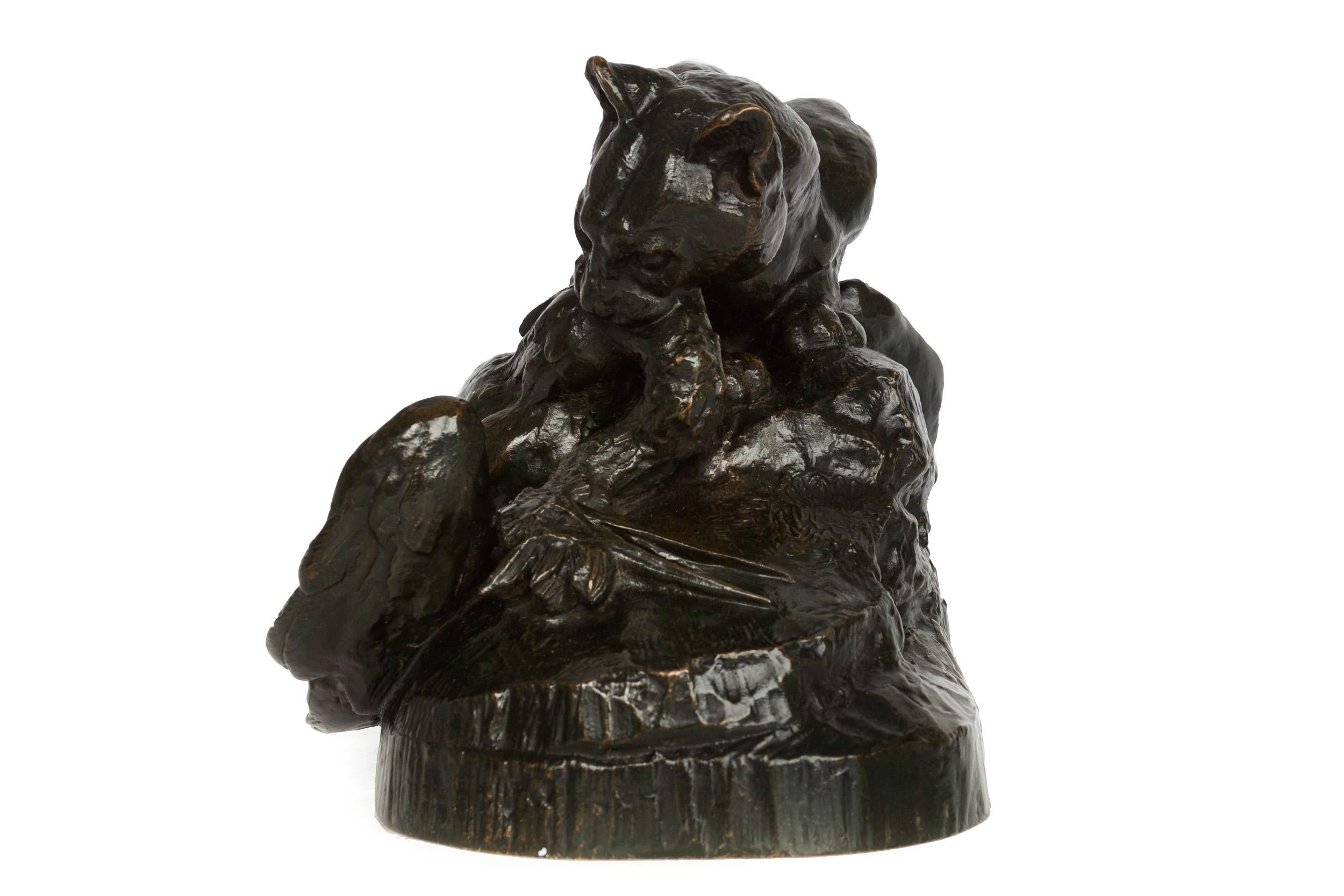 Romantic French Bronze Sculpture of Ocelot and Heron by Antoine-Louis Barye, Barbedienne