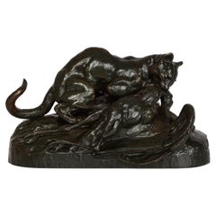 French Bronze Sculpture of Ocelot and Heron by Antoine-Louis Barye, Barbedienne
