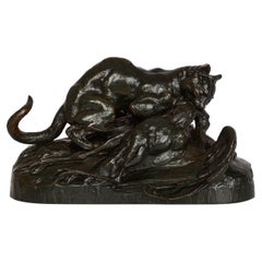 Sculpture française en bronze d'Océlot et d'Heron par Antoine-Louis Barye, Barbedienne