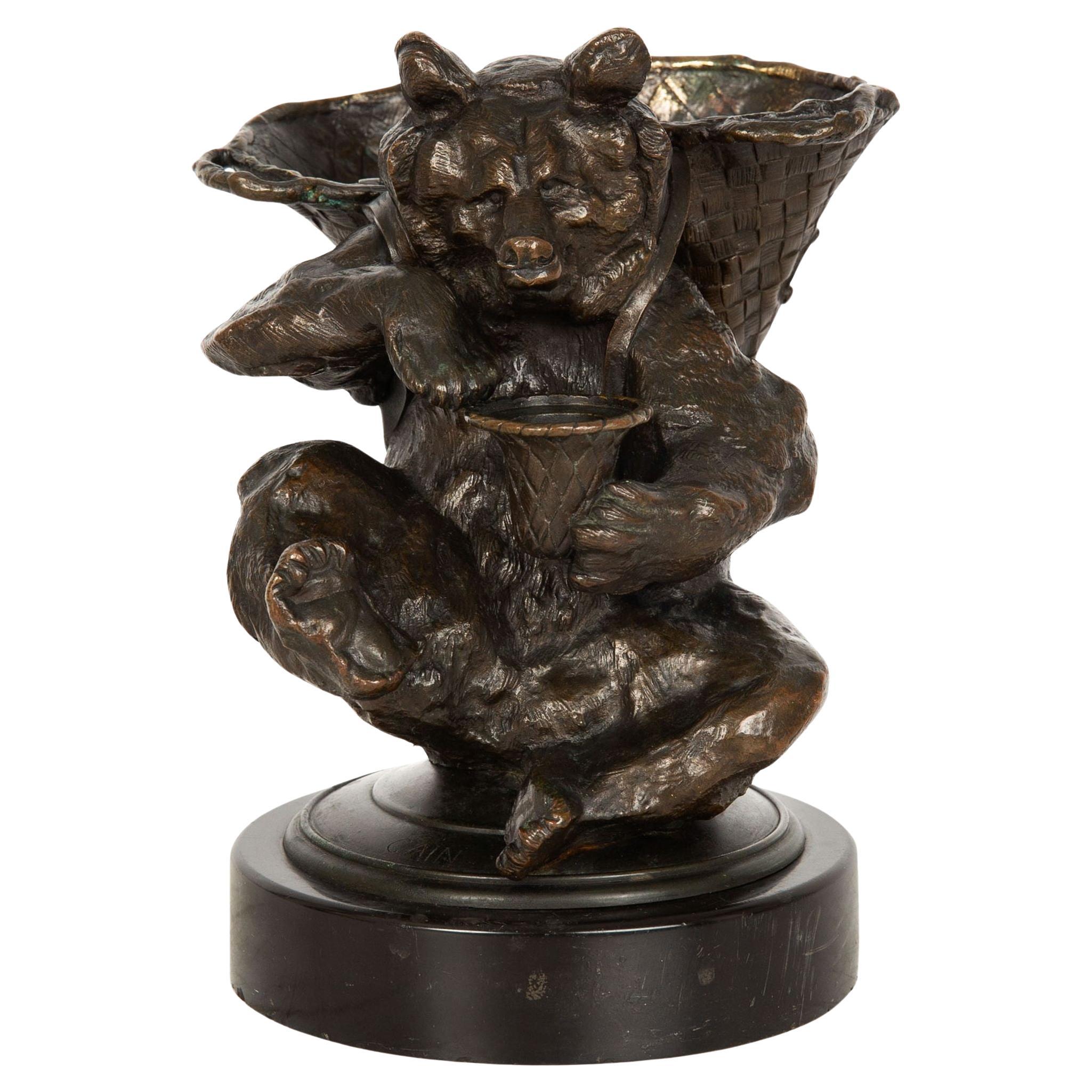French Bronze Sculpture of Seated Harvester Bear by Auguste Cain
