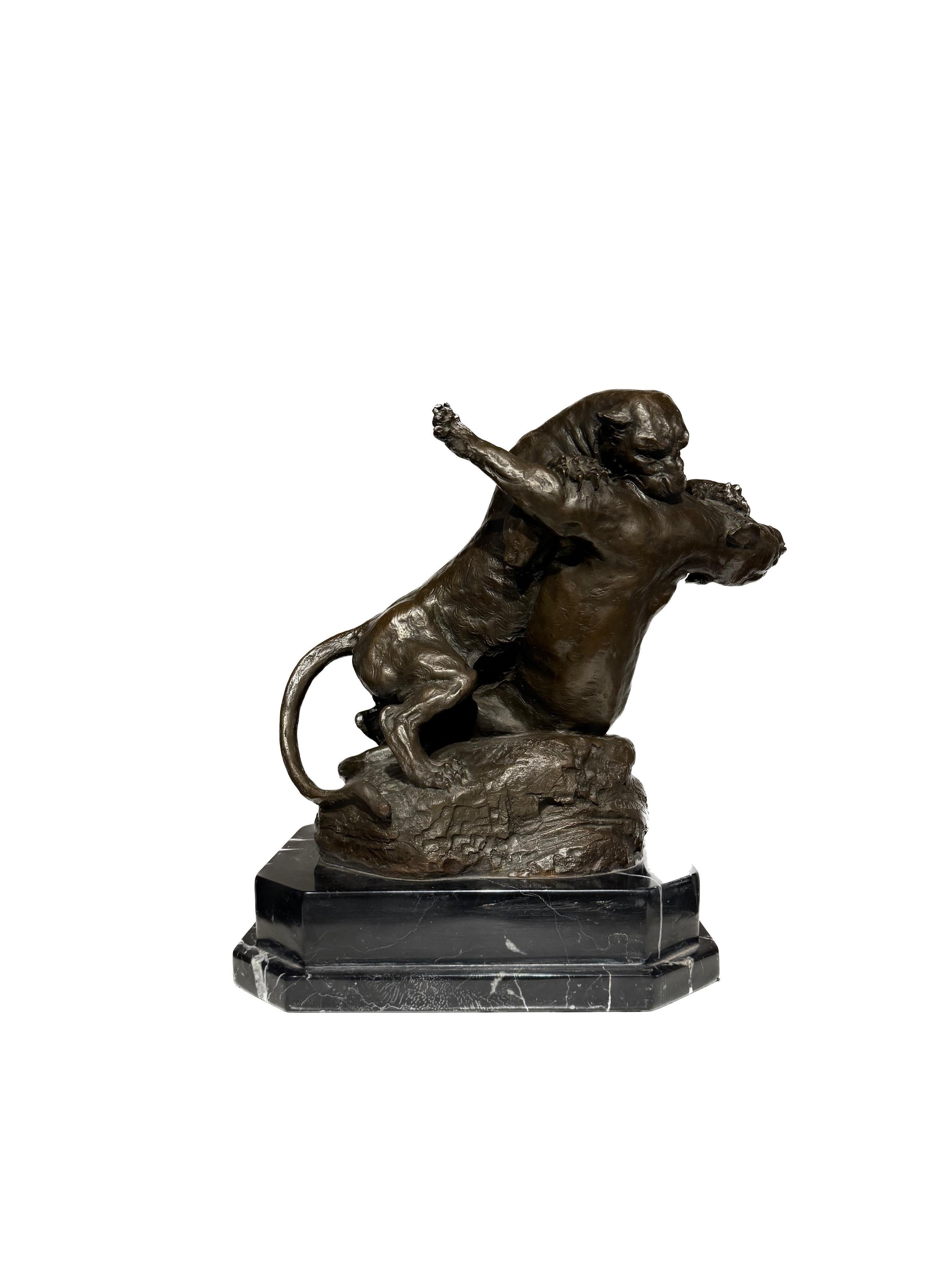 Scultura francese in bronzo di due pantere combattenti su base di marmo, firmata G. Gardet

Un'affascinante scultura francese in bronzo che raffigura due pantere impegnate in un'intensa lotta, firmata dal famoso artista Georges Gardet. Questo pezzo