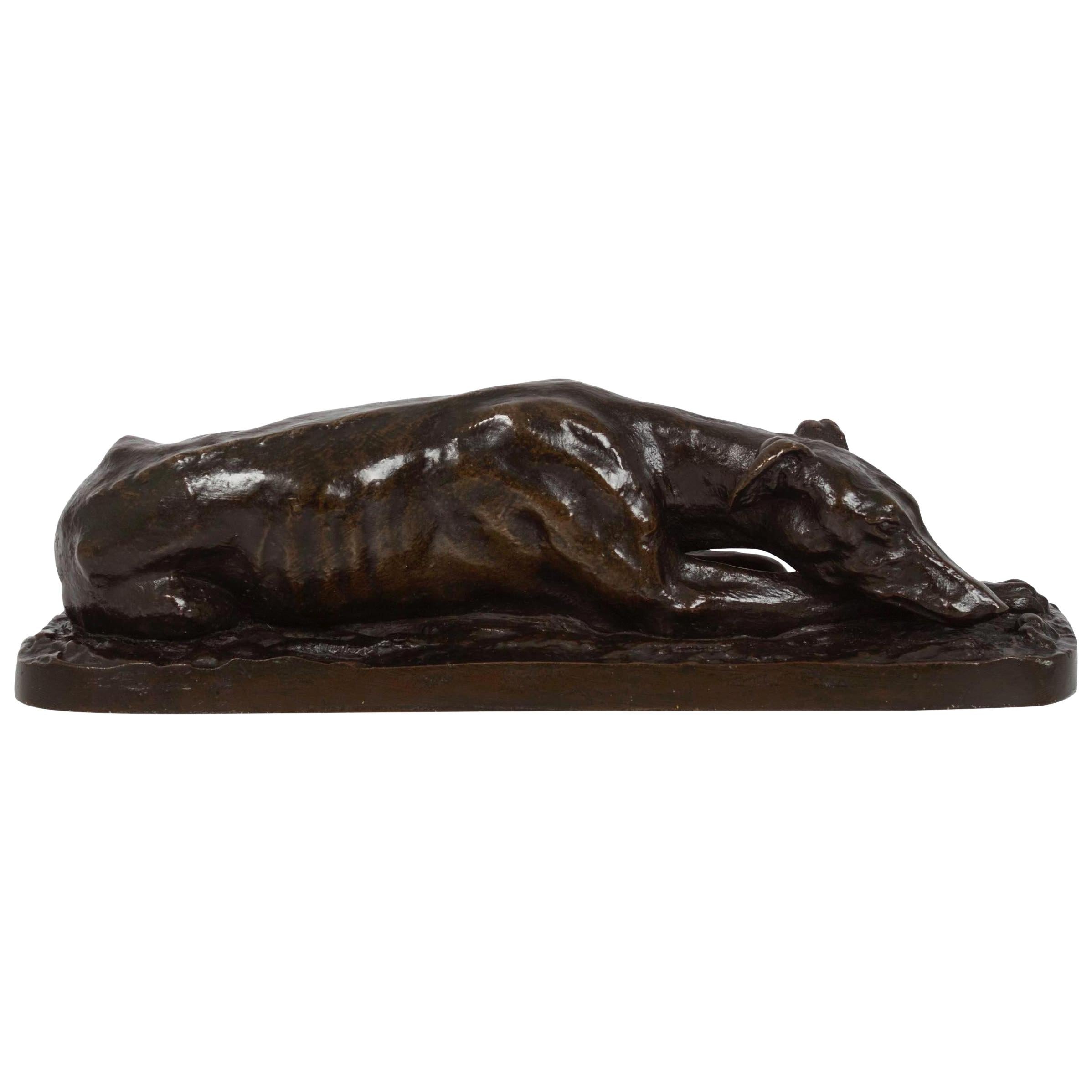 French Bronze Sculpture "Reclining Greyhound" by Christophe Fratin, circa 1860