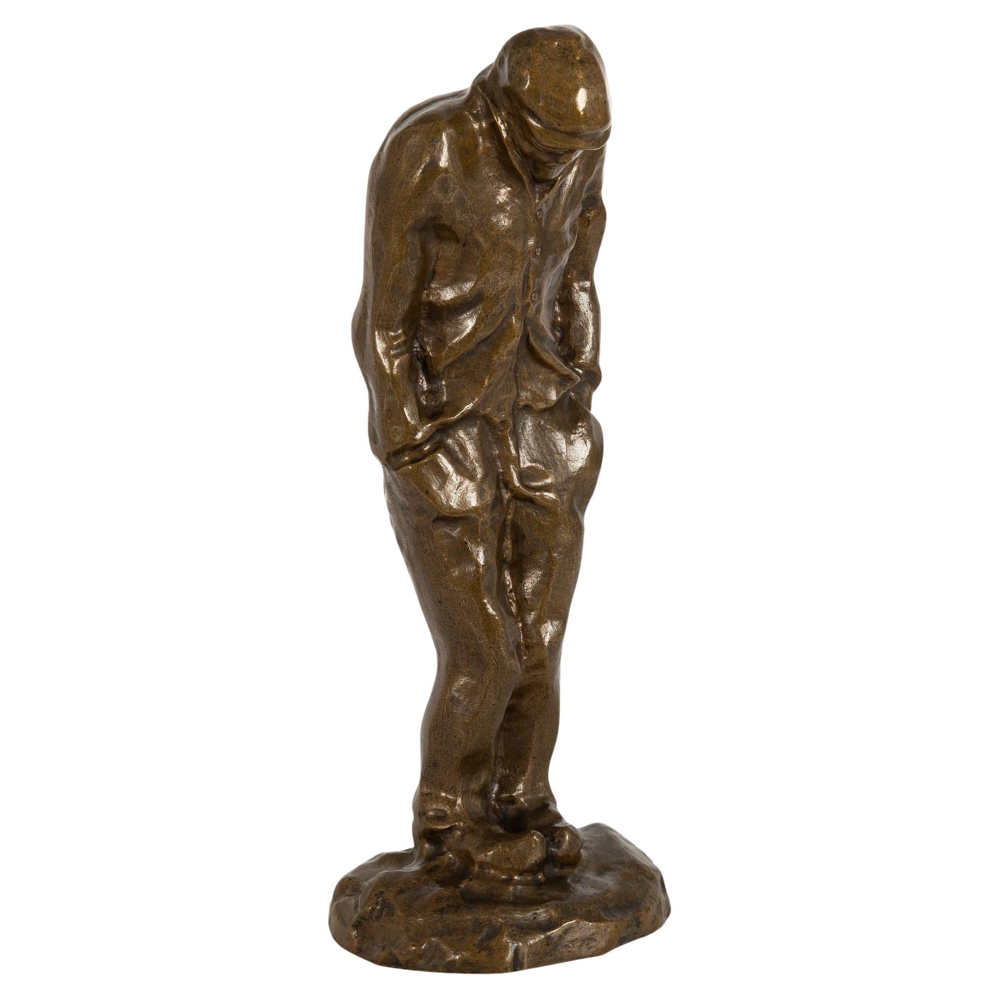 French Bronze Sculpture “Shivering Worker” in manner of Constantin Meunier For Sale