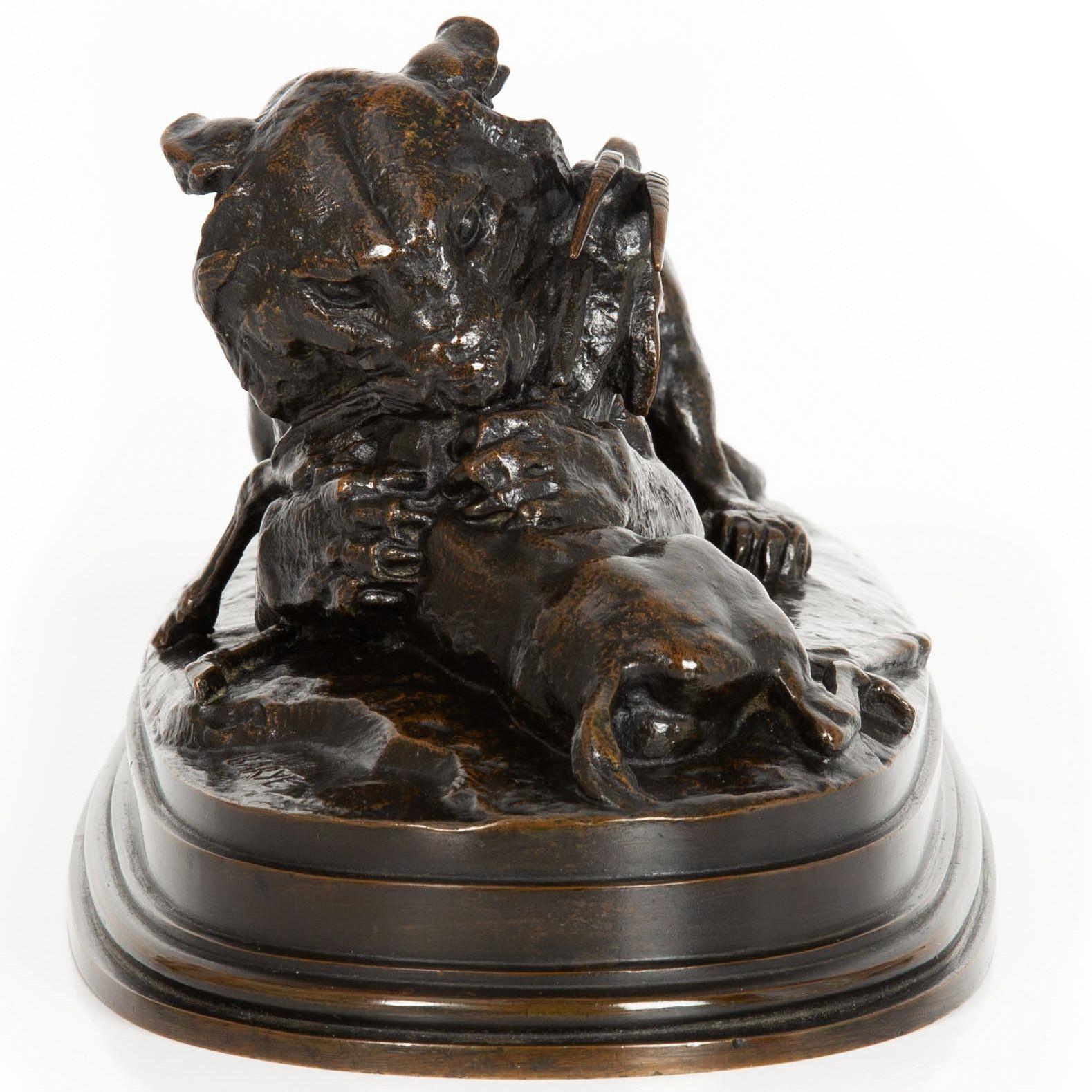 French Bronze Sculpture “Tiger Devouring Gazelle” after Antoine-Louis Barye In Good Condition For Sale In Shippensburg, PA