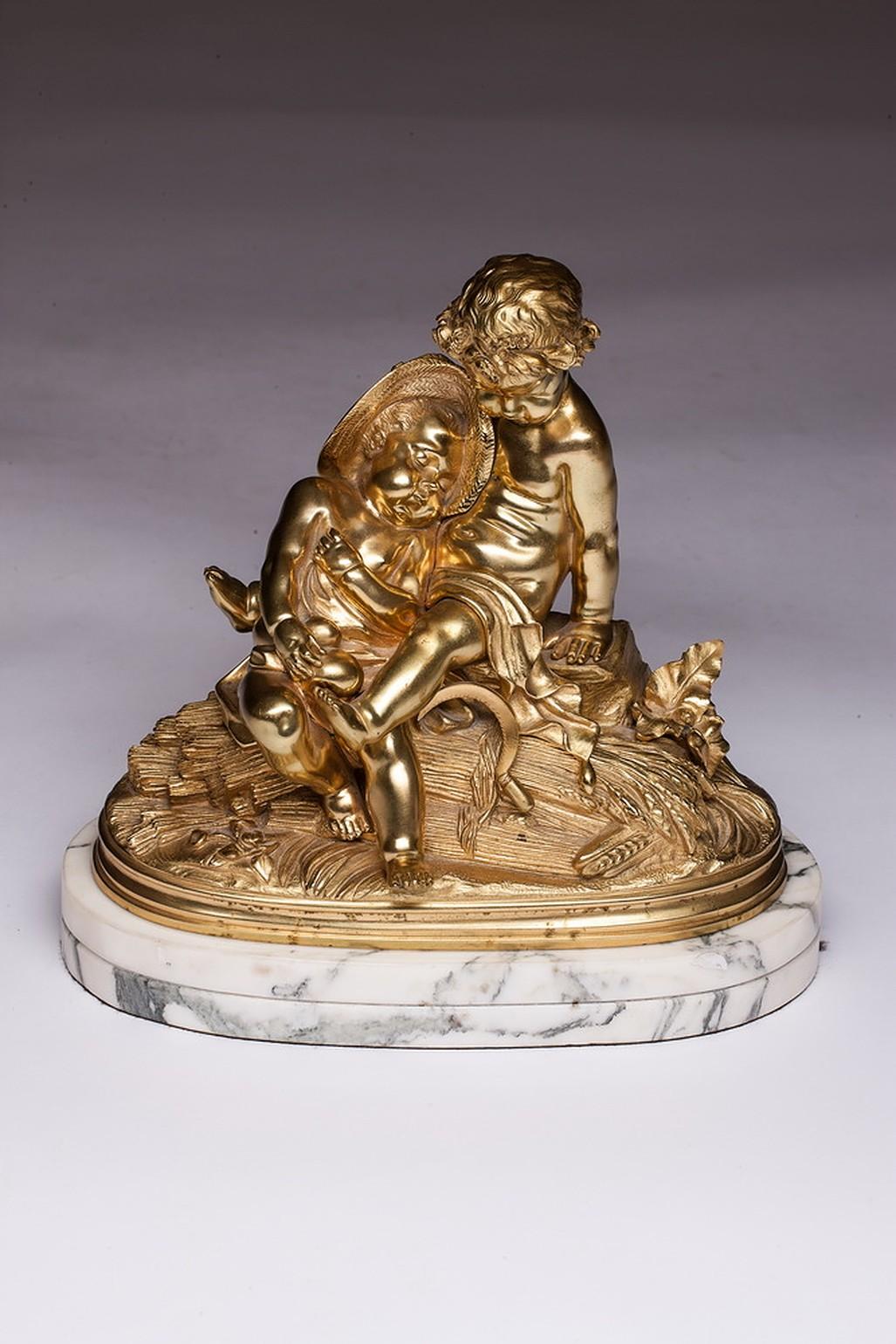 Baroque French Bronze Sculpture with Two Cherub Putti on the Marble Base, 19th Century For Sale