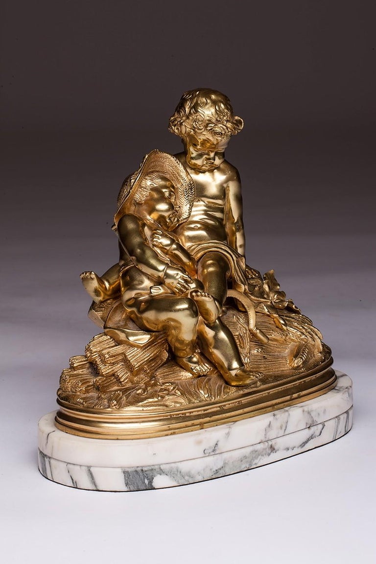 French Bronze Sculpture With Two Cherub Putti On The Marble Base 19th Century For Sale At 1stdibs