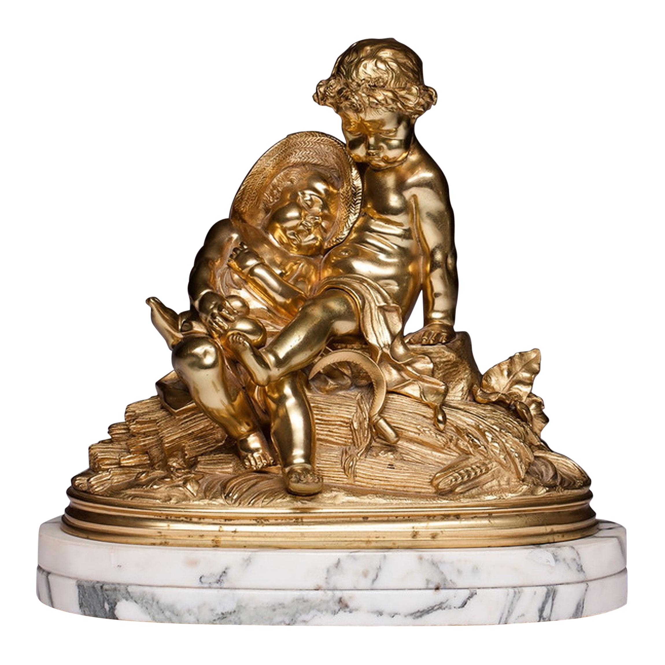 French Bronze Sculpture with Two Cherub Putti on the Marble Base, 19th Century For Sale