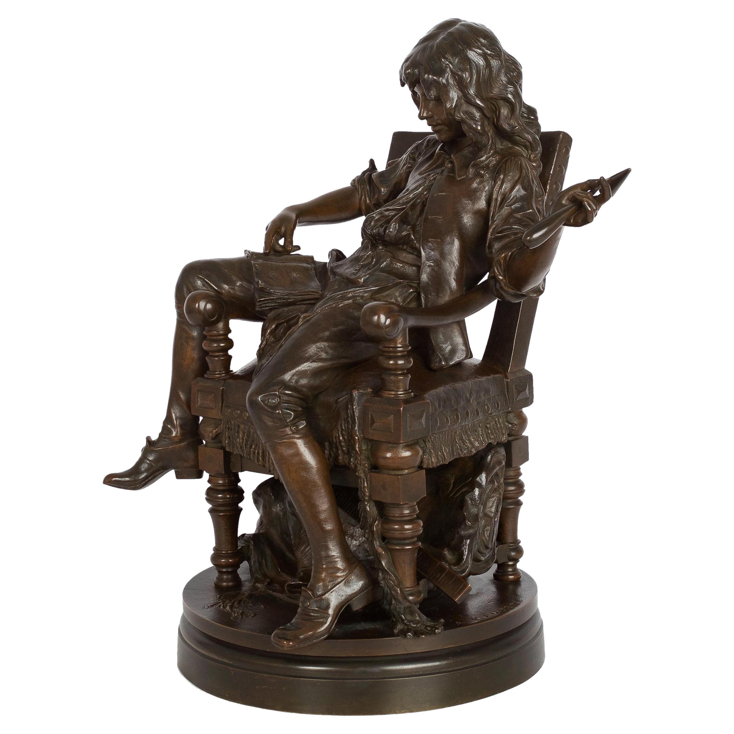 French Bronze Sculpture "Young Molière" After Adrien-Etienne Gaudez & Susse
