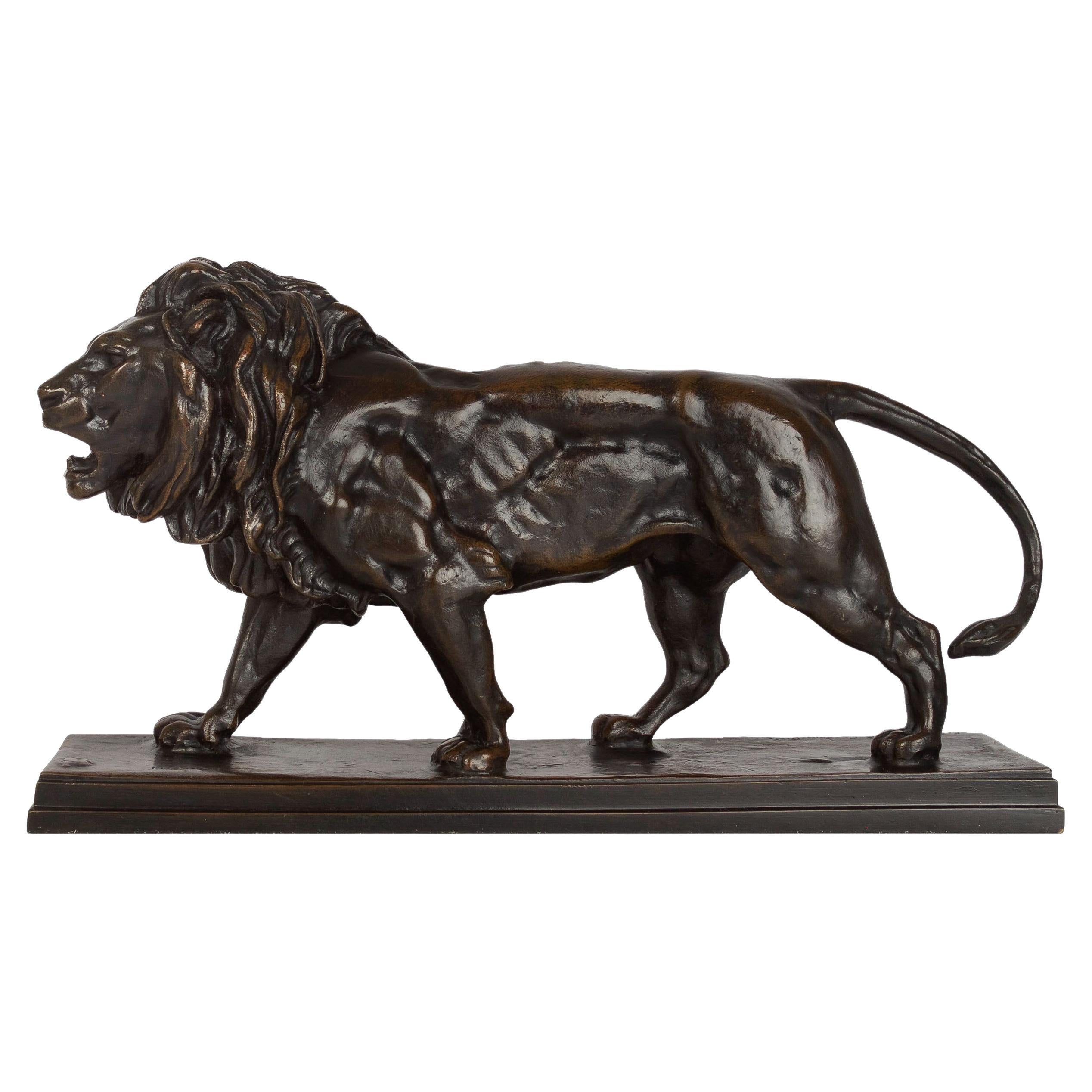 French Bronze Sculpture"Lion Qui Marche"after Antoine-Louis Barye & Barbedienne	