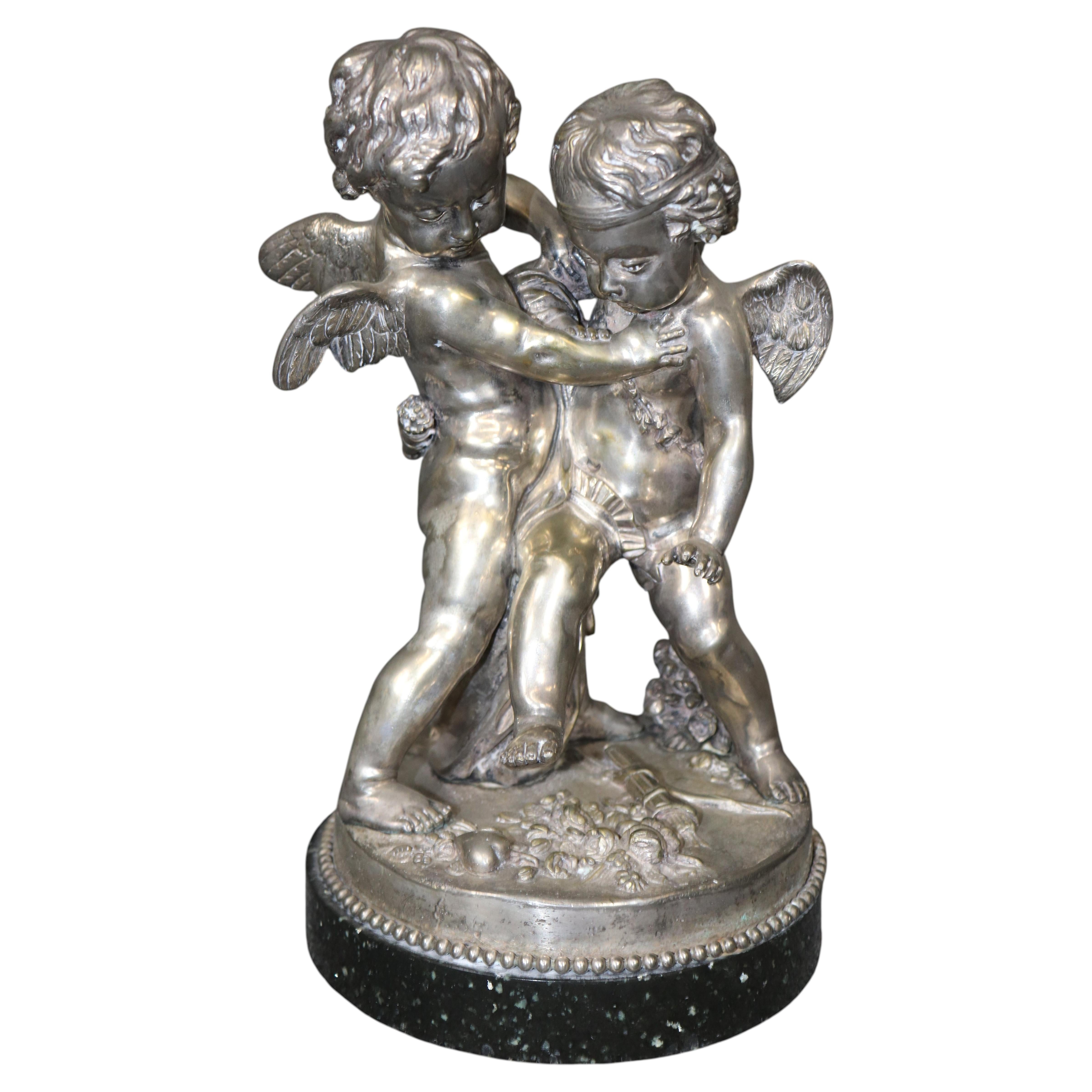 French Bronze Silver Gilt Statue with Pair Putties Signed Falconet