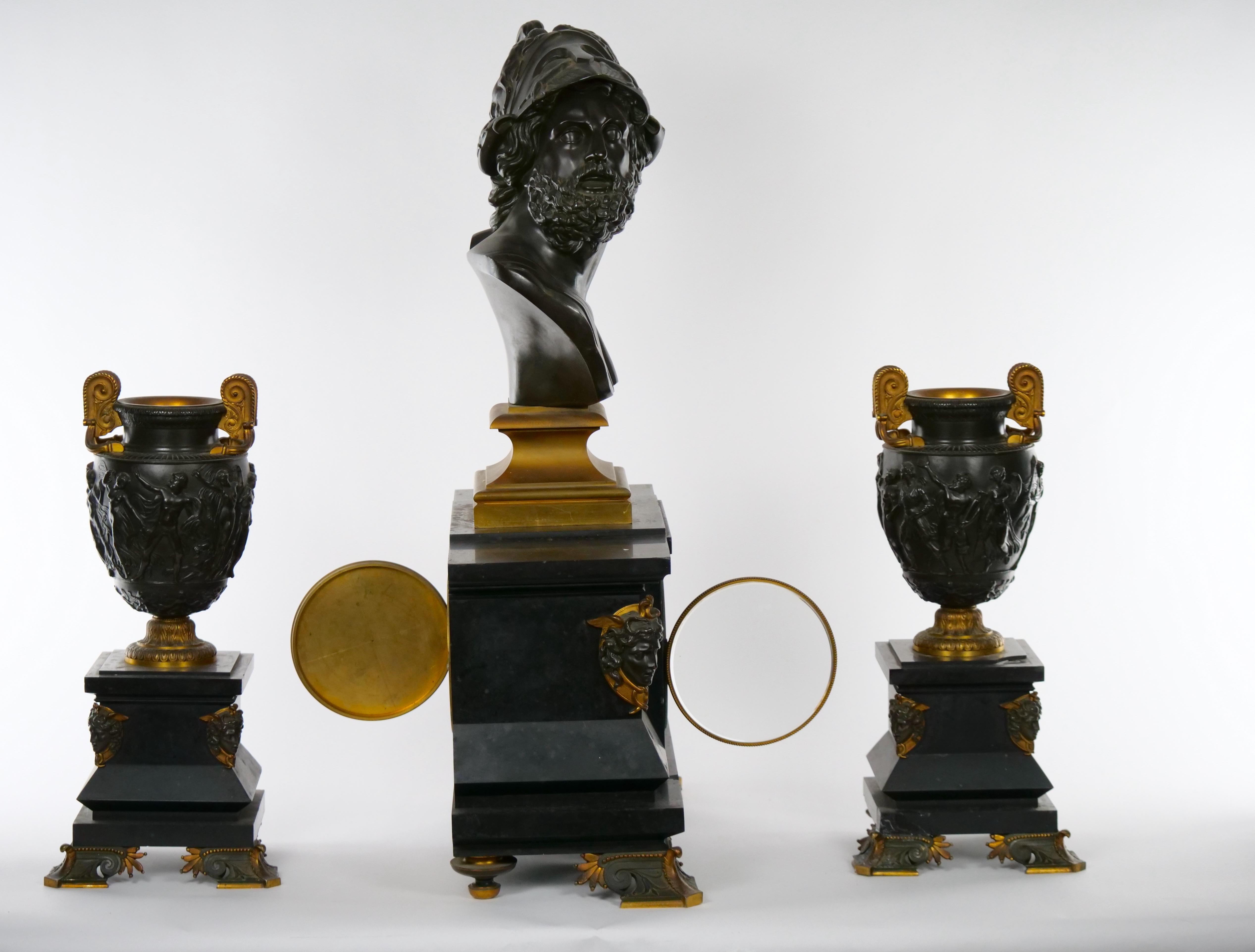 French Bronze & Slate Three Piece Garniture / Bust of Nenelaus In Good Condition For Sale In Tarry Town, NY