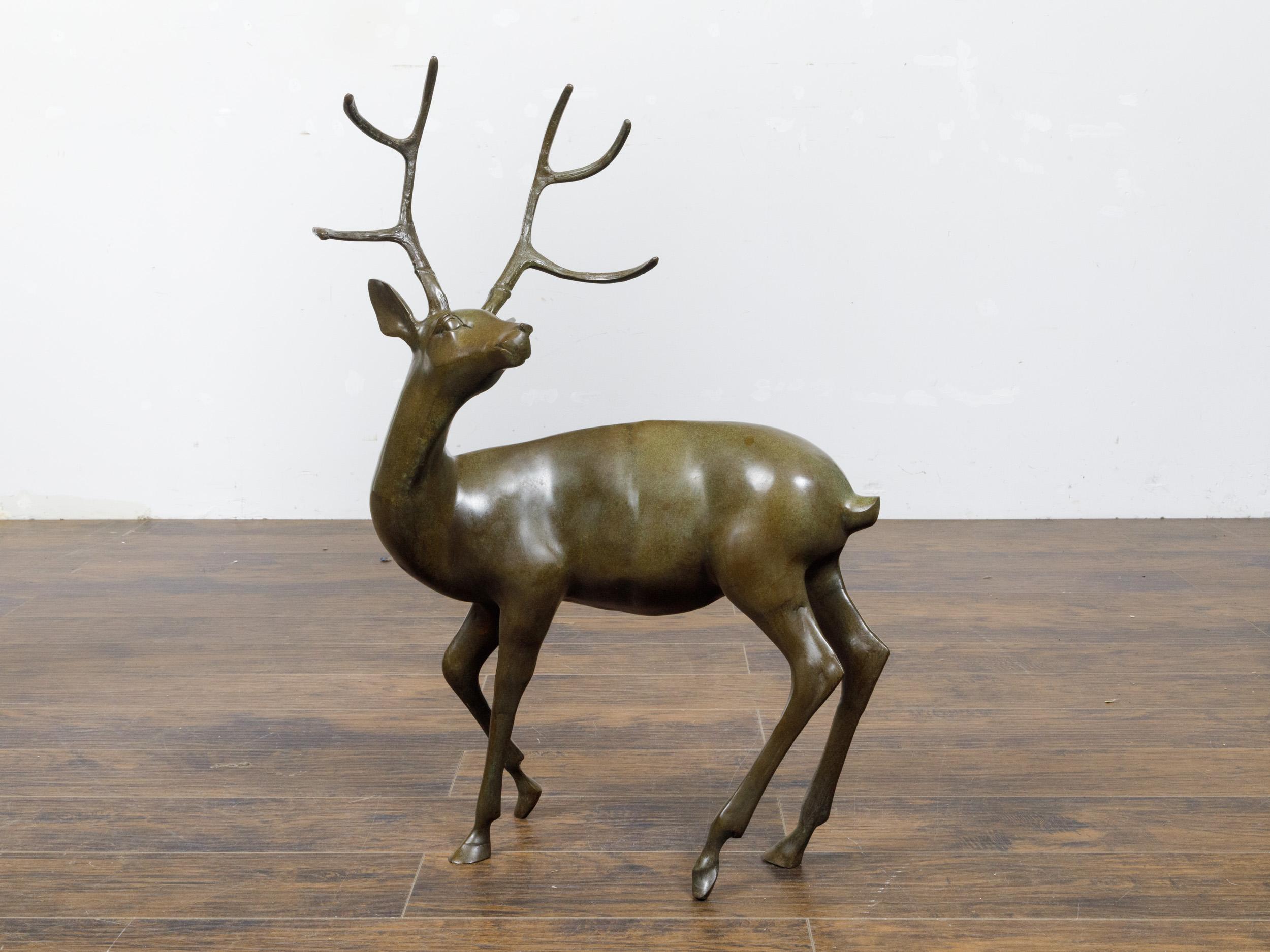 French Bronze Stag Sculpture with Large Antlers and Brownish Green Color For Sale 6