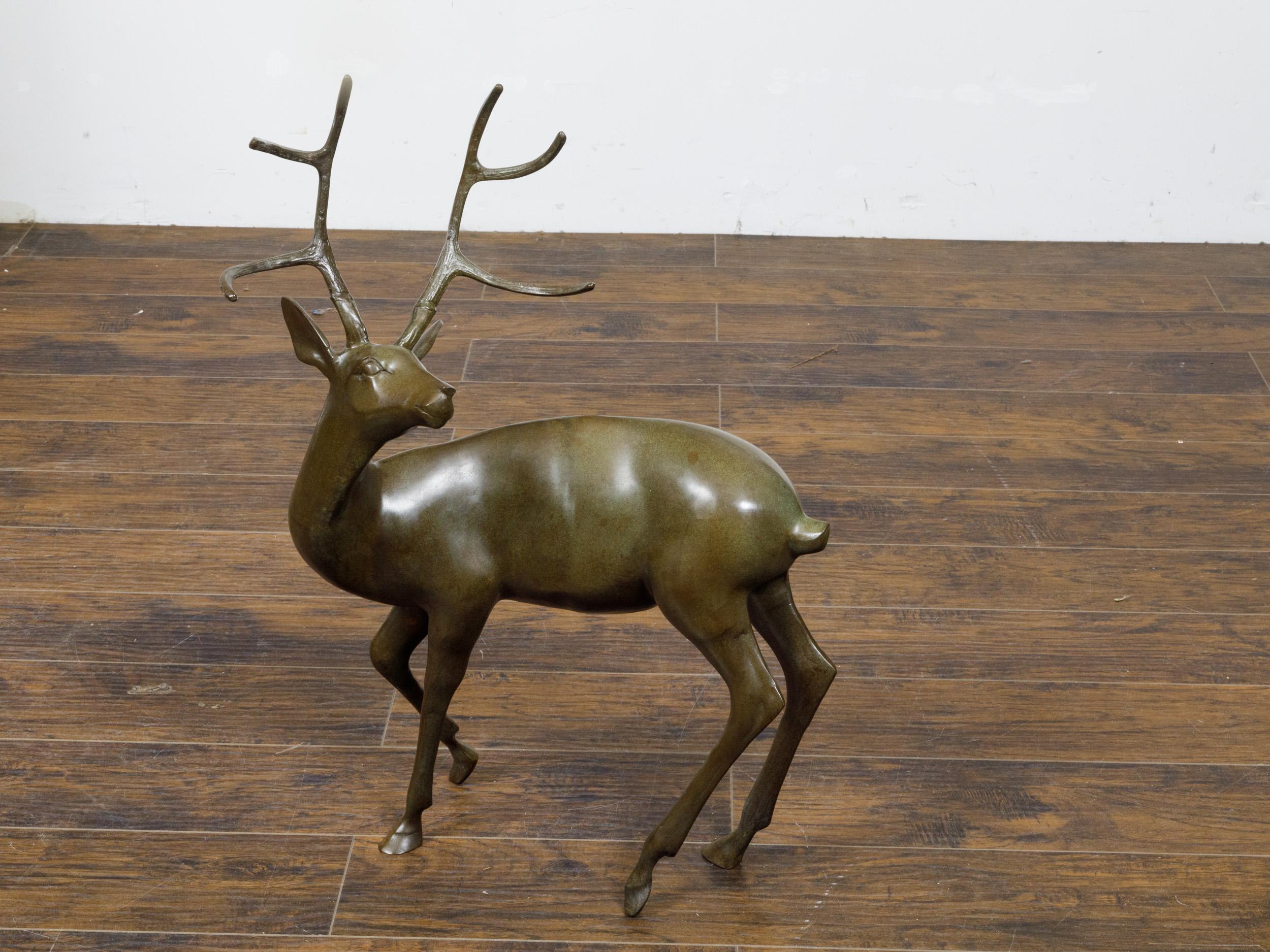 French Bronze Stag Sculpture with Large Antlers and Brownish Green Color For Sale 7