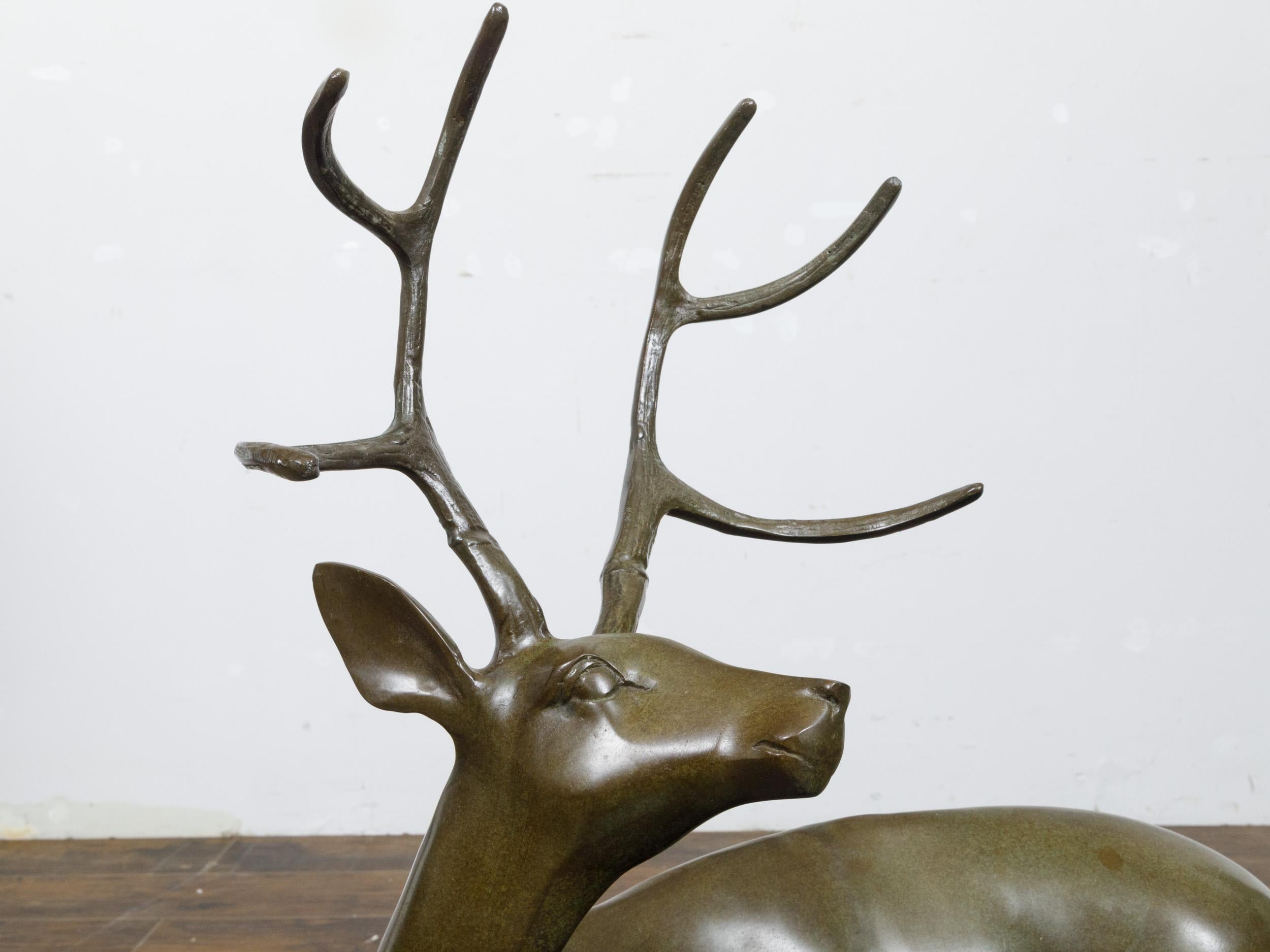 French Bronze Stag Sculpture with Large Antlers and Brownish Green Color For Sale 10
