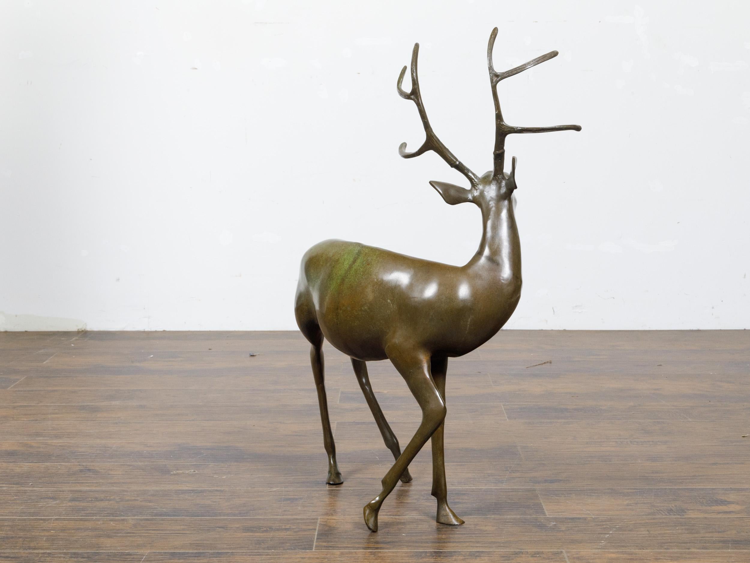 French Bronze Stag Sculpture with Large Antlers and Brownish Green Color In Good Condition For Sale In Atlanta, GA