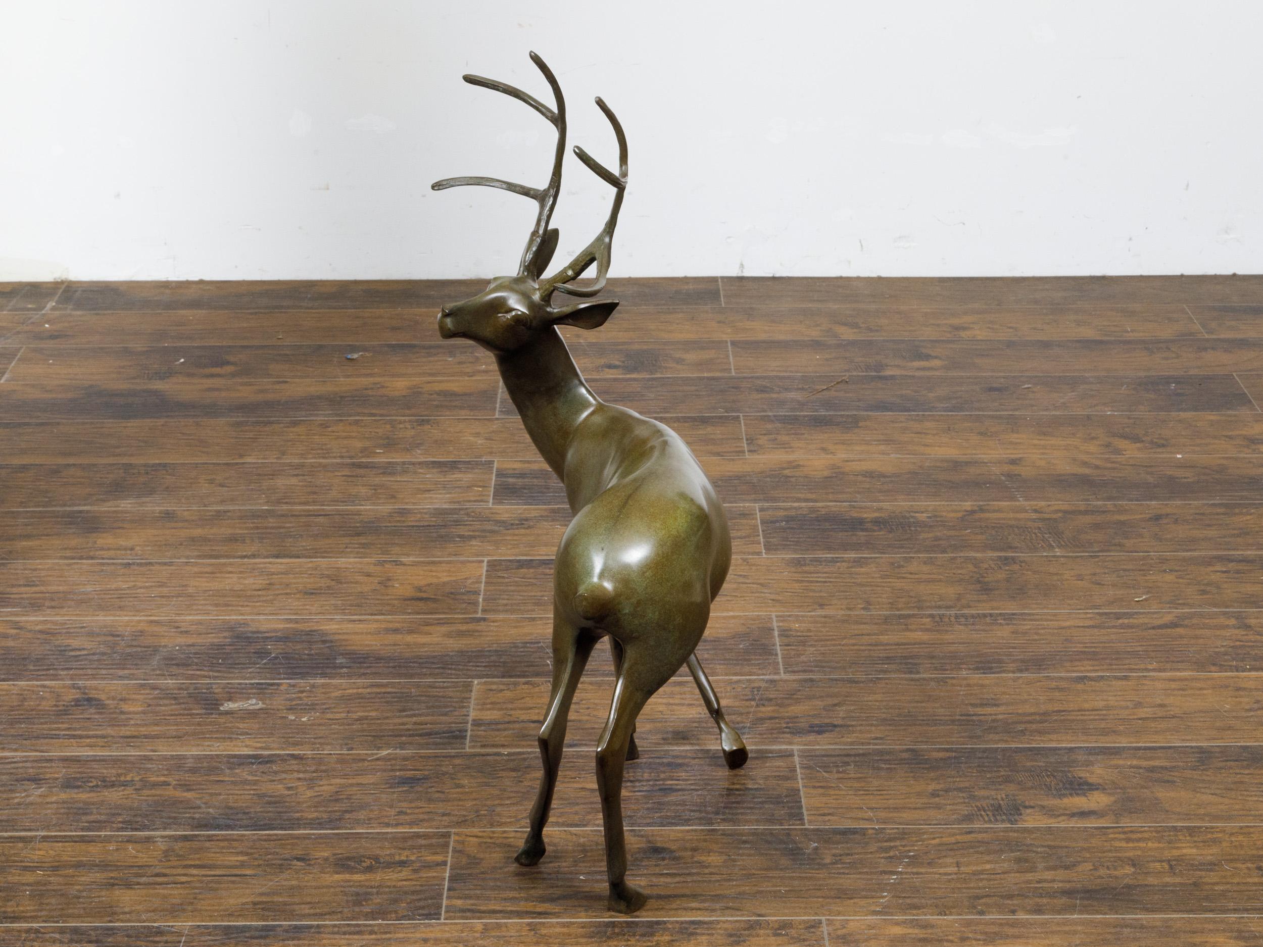 French Bronze Stag Sculpture with Large Antlers and Brownish Green Color For Sale 2
