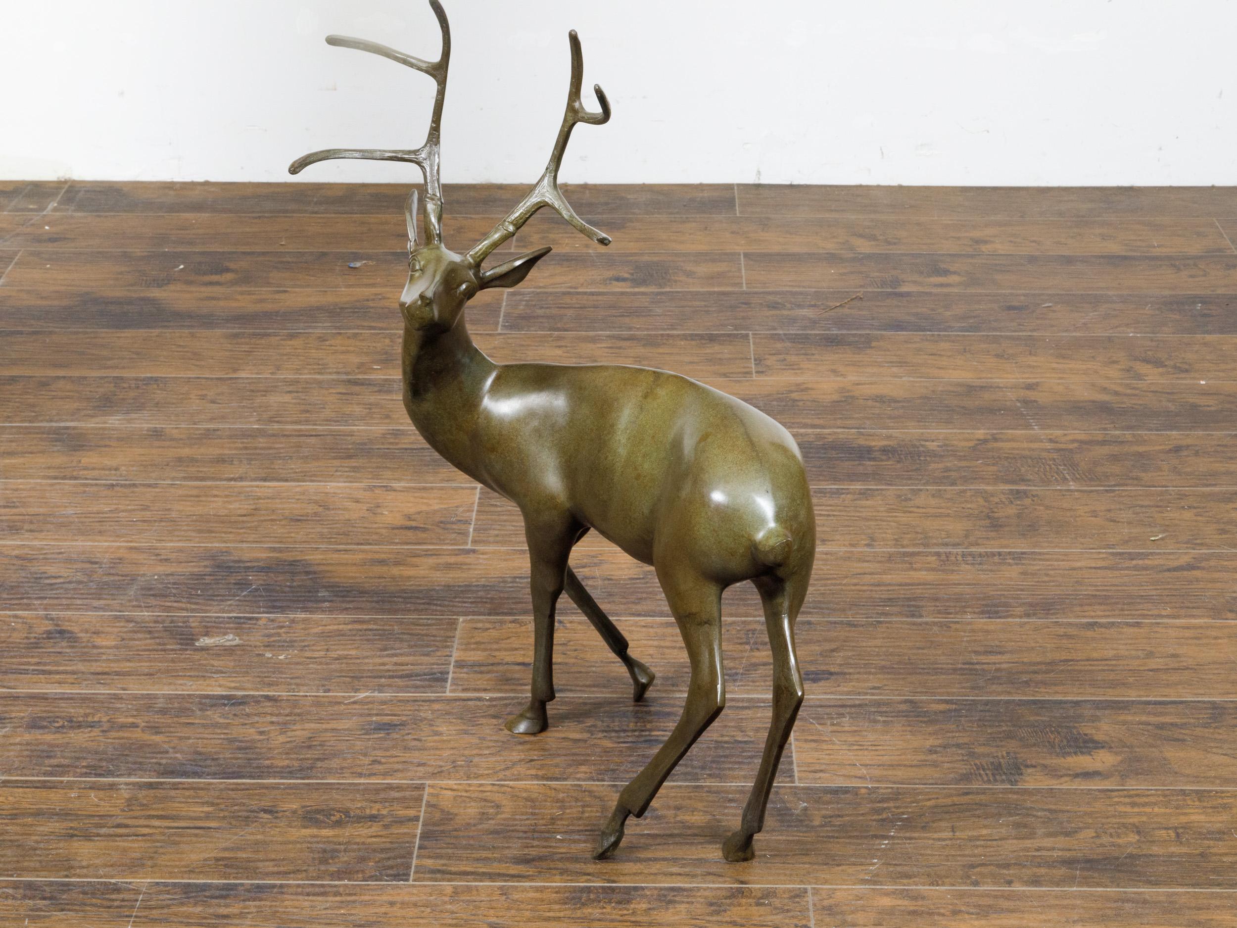 French Bronze Stag Sculpture with Large Antlers and Brownish Green Color For Sale 3