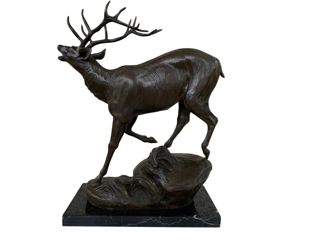 European French Bronze Stag Statue Signed Lecourtier Deer, 20th Century