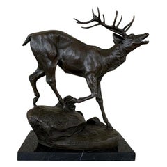 French Bronze Stag Statue Signed Lecourtier Deer, 20th Century