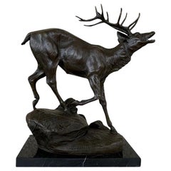 Vintage French Bronze Stag Statue Signed Lecourtier Deer, 20th Century