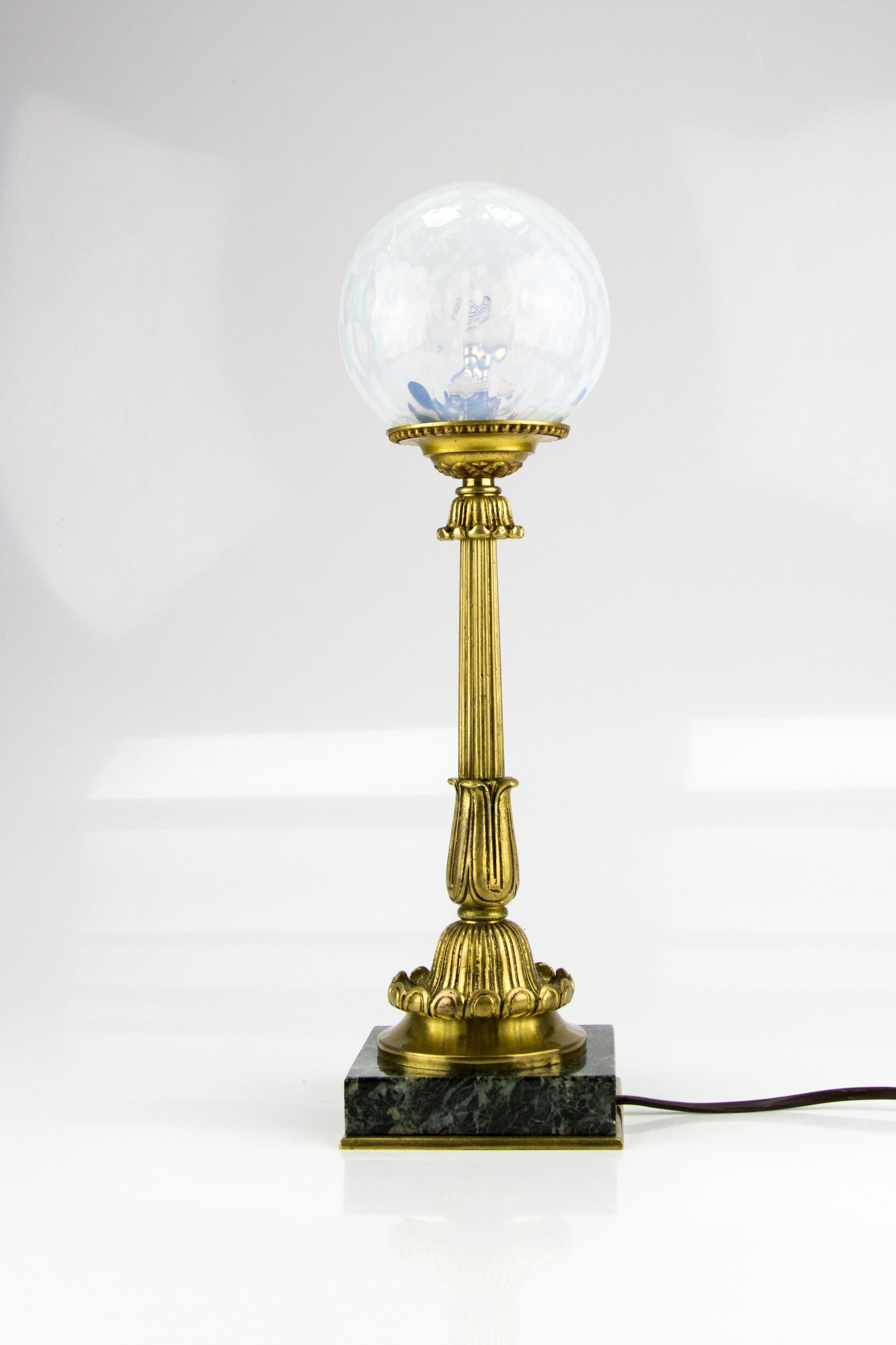 French Bronze Table Lamp with Marble Base and Opalescent Glass Shade, 1930s 3