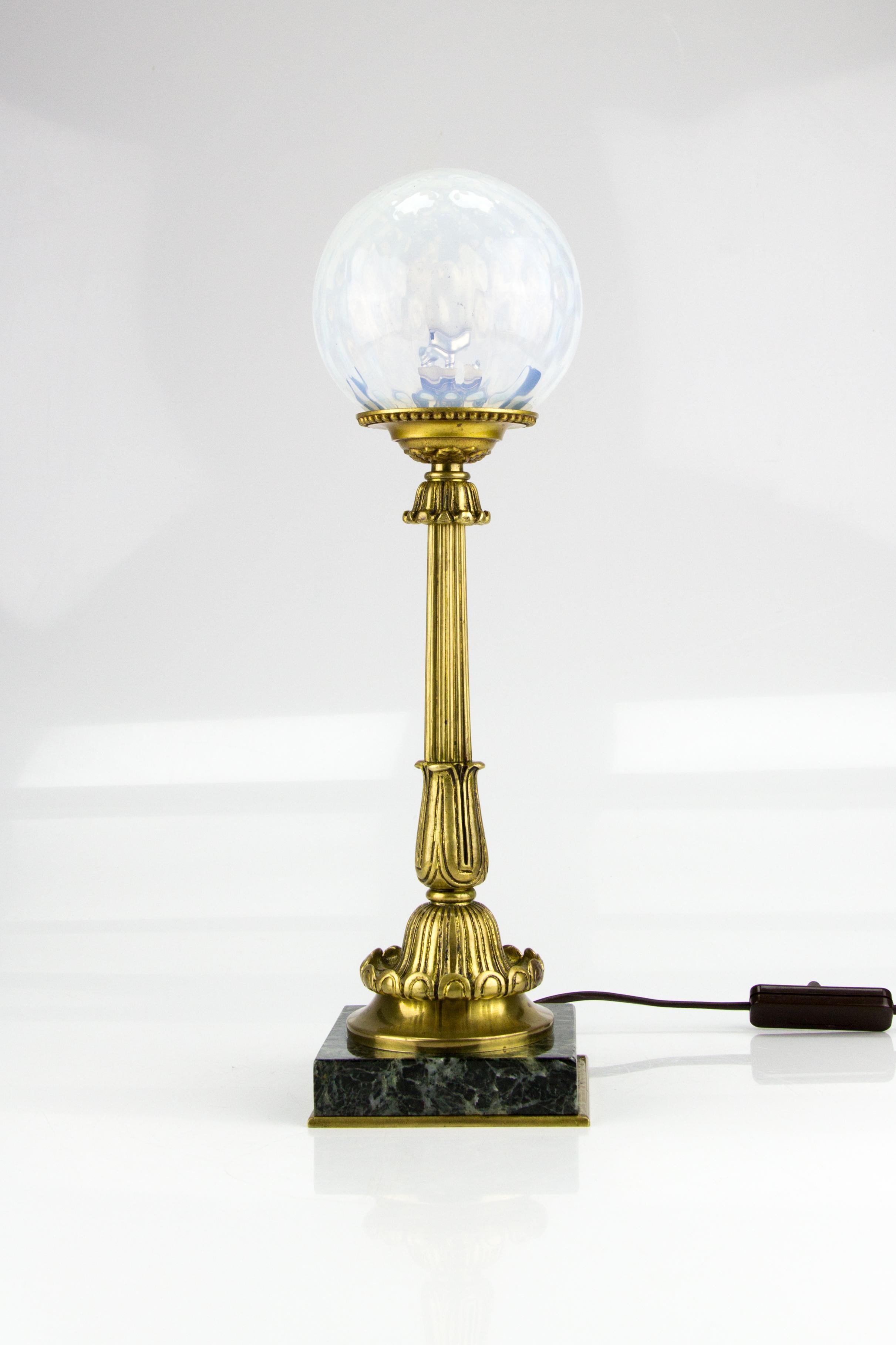 French Bronze Table Lamp with Marble Base and Opalescent Glass Shade, 1930s 5