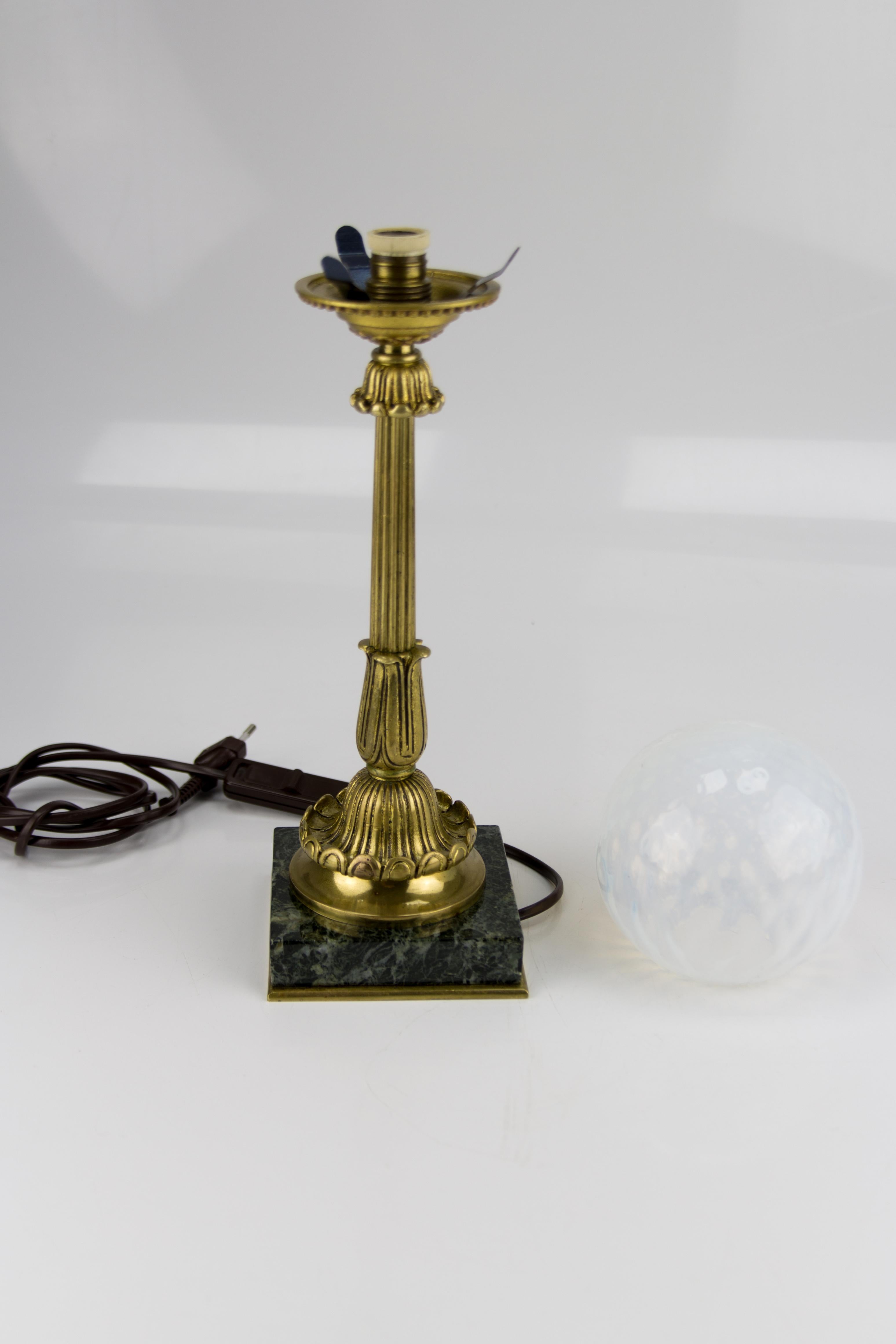 French Bronze Table Lamp with Marble Base and Opalescent Glass Shade, 1930s 9