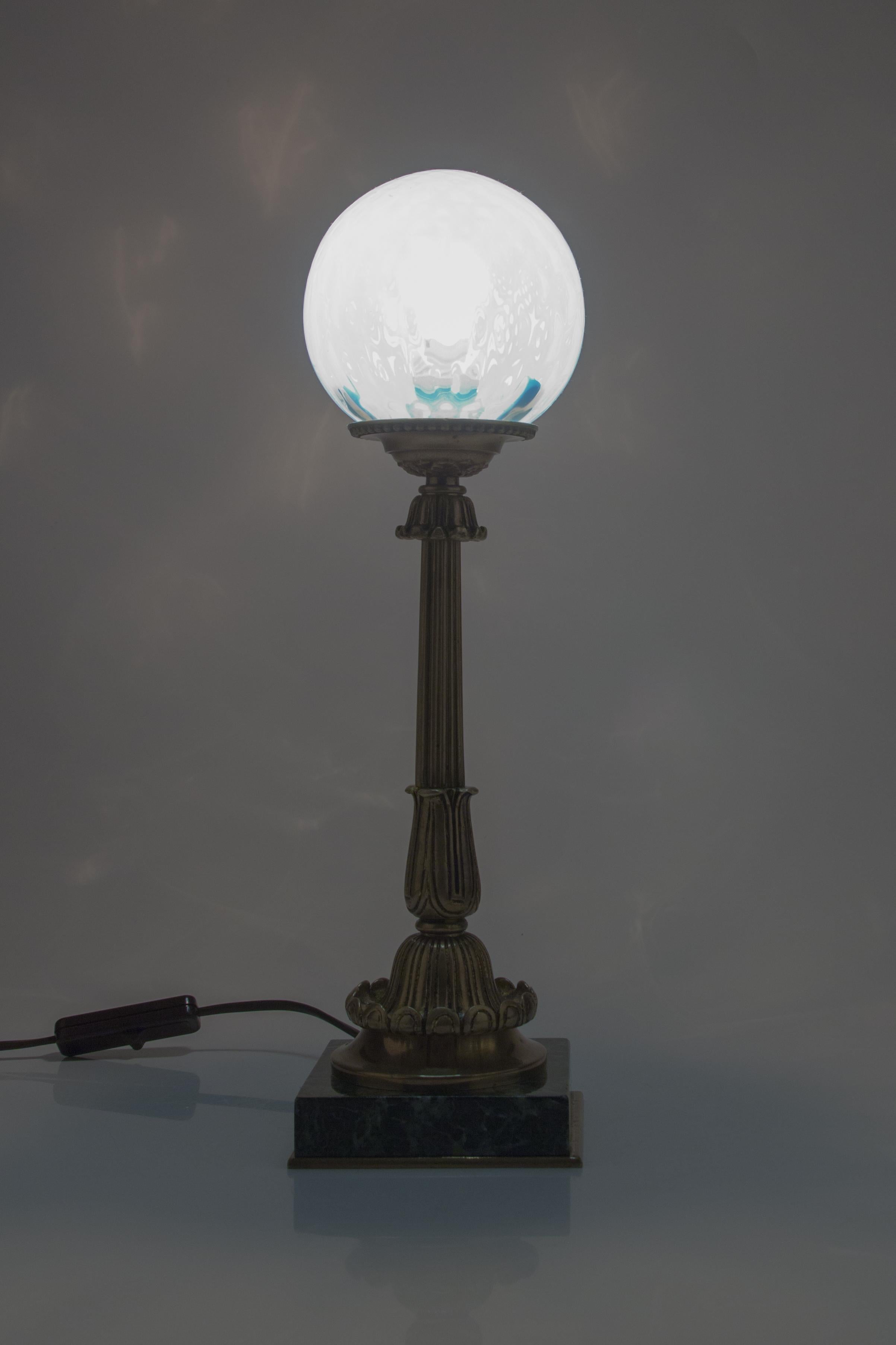 Louis XVI French Bronze Table Lamp with Marble Base and Opalescent Glass Shade, 1930s