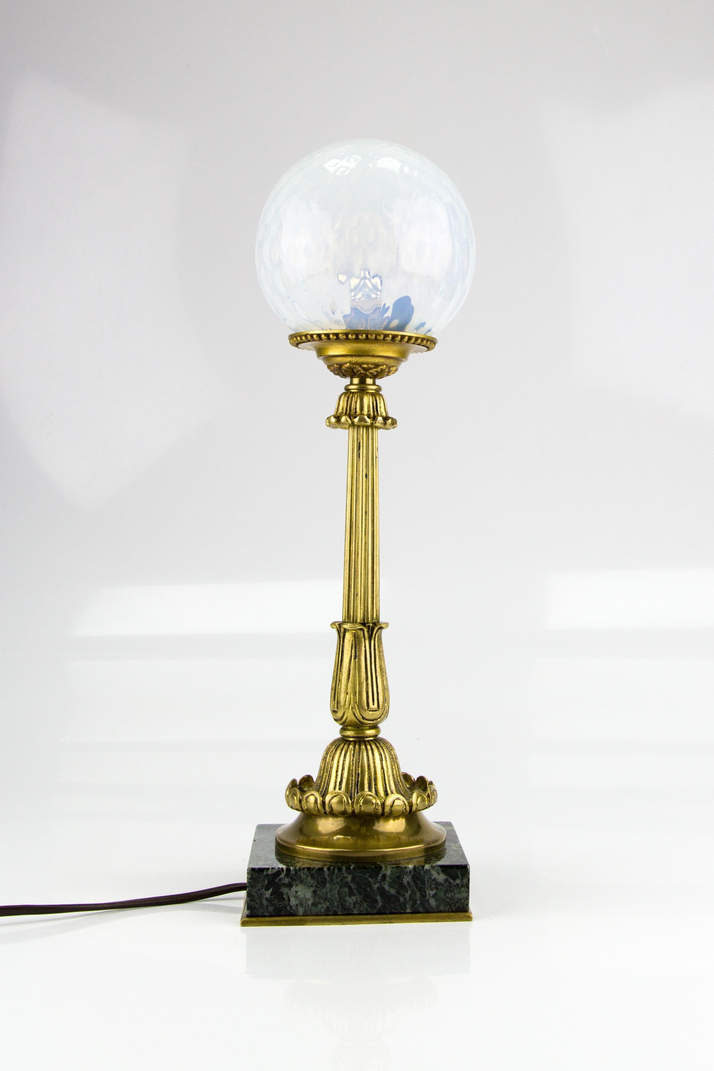 Mid-20th Century French Bronze Table Lamp with Marble Base and Opalescent Glass Shade, 1930s