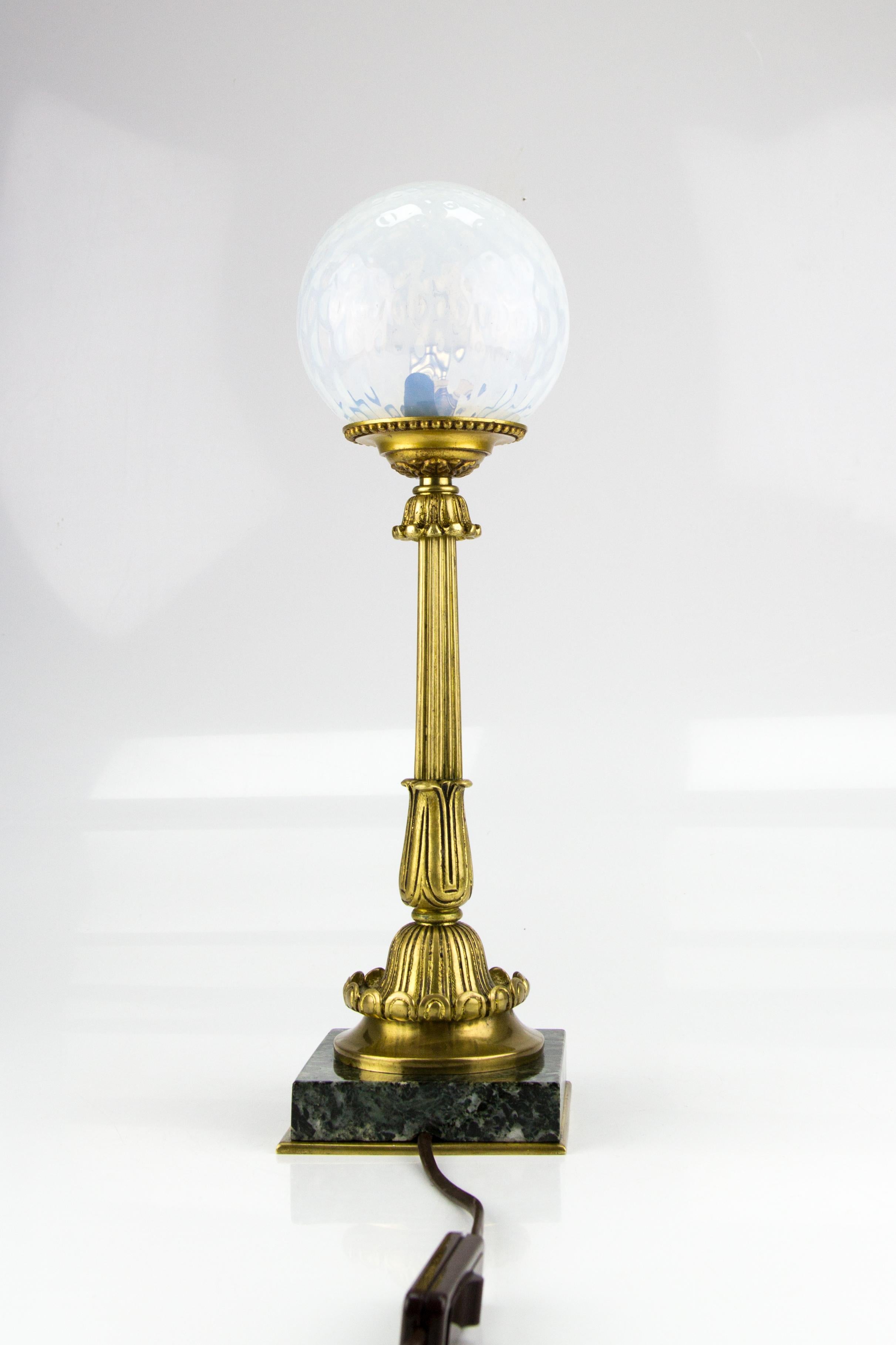 French Bronze Table Lamp with Marble Base and Opalescent Glass Shade, 1930s 1