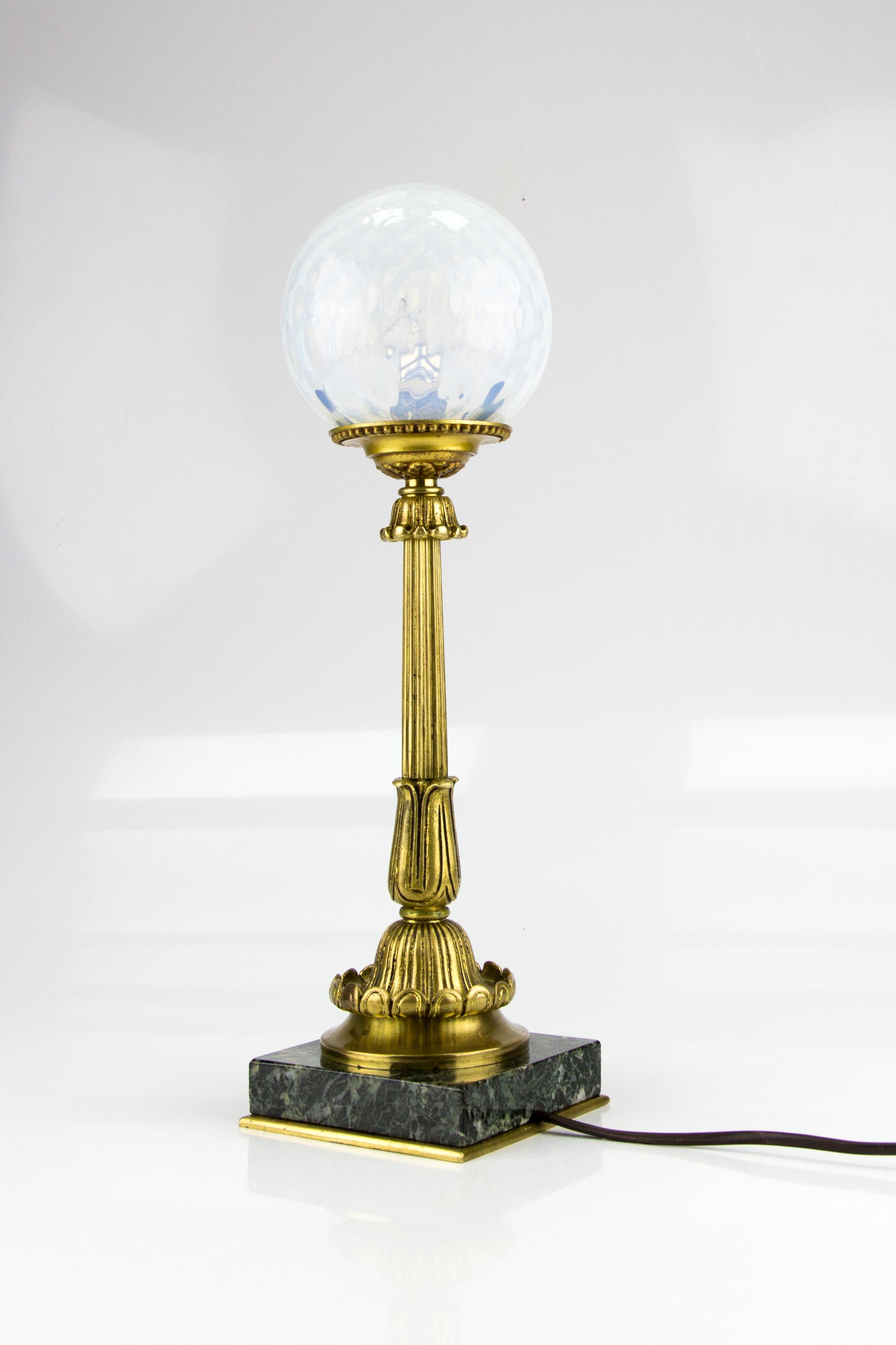 French Bronze Table Lamp with Marble Base and Opalescent Glass Shade, 1930s 2