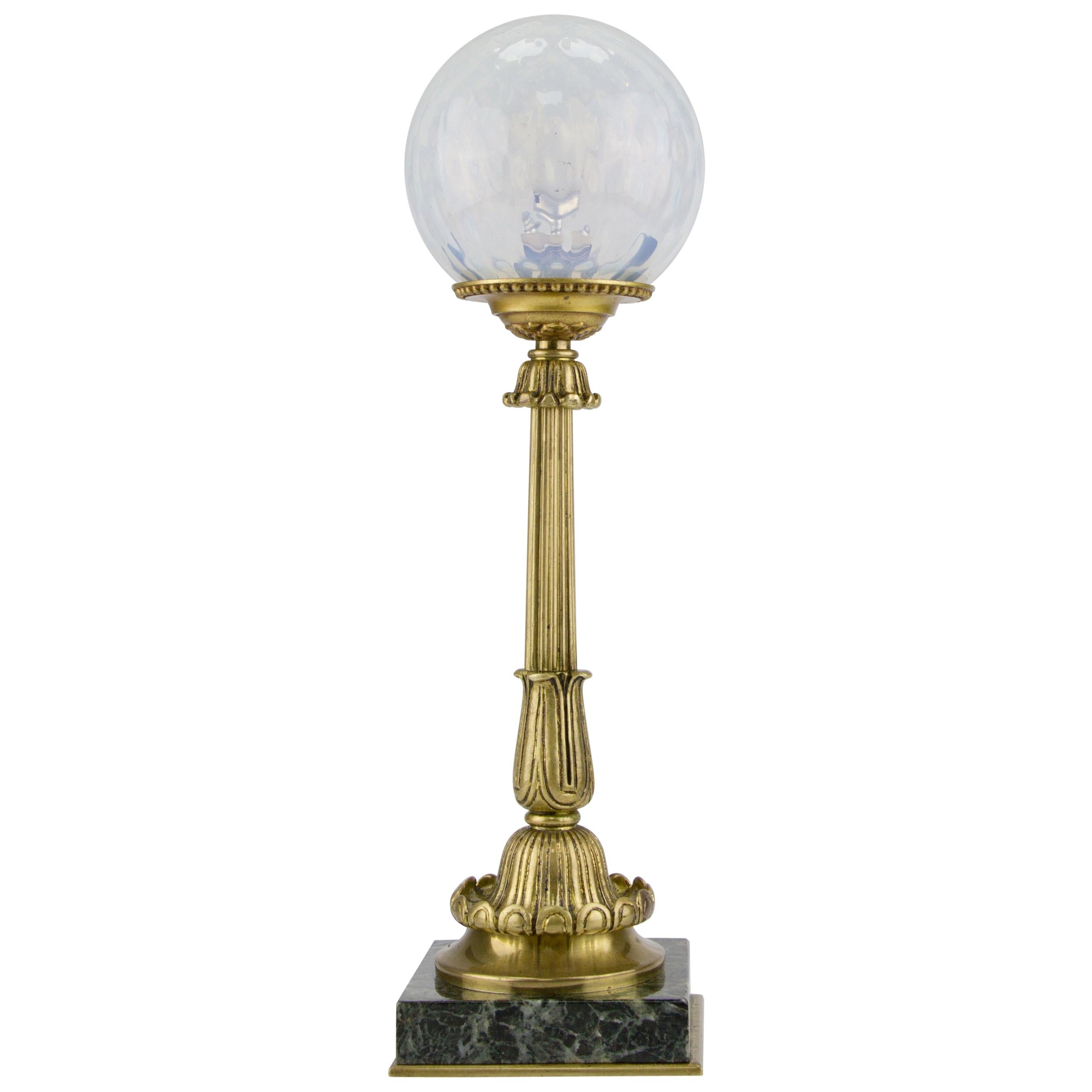 French Bronze Table Lamp with Marble Base and Opalescent Glass Shade, 1930s