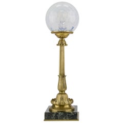 French Bronze Table Lamp with Marble Base and Opalescent Glass Shade, 1930s