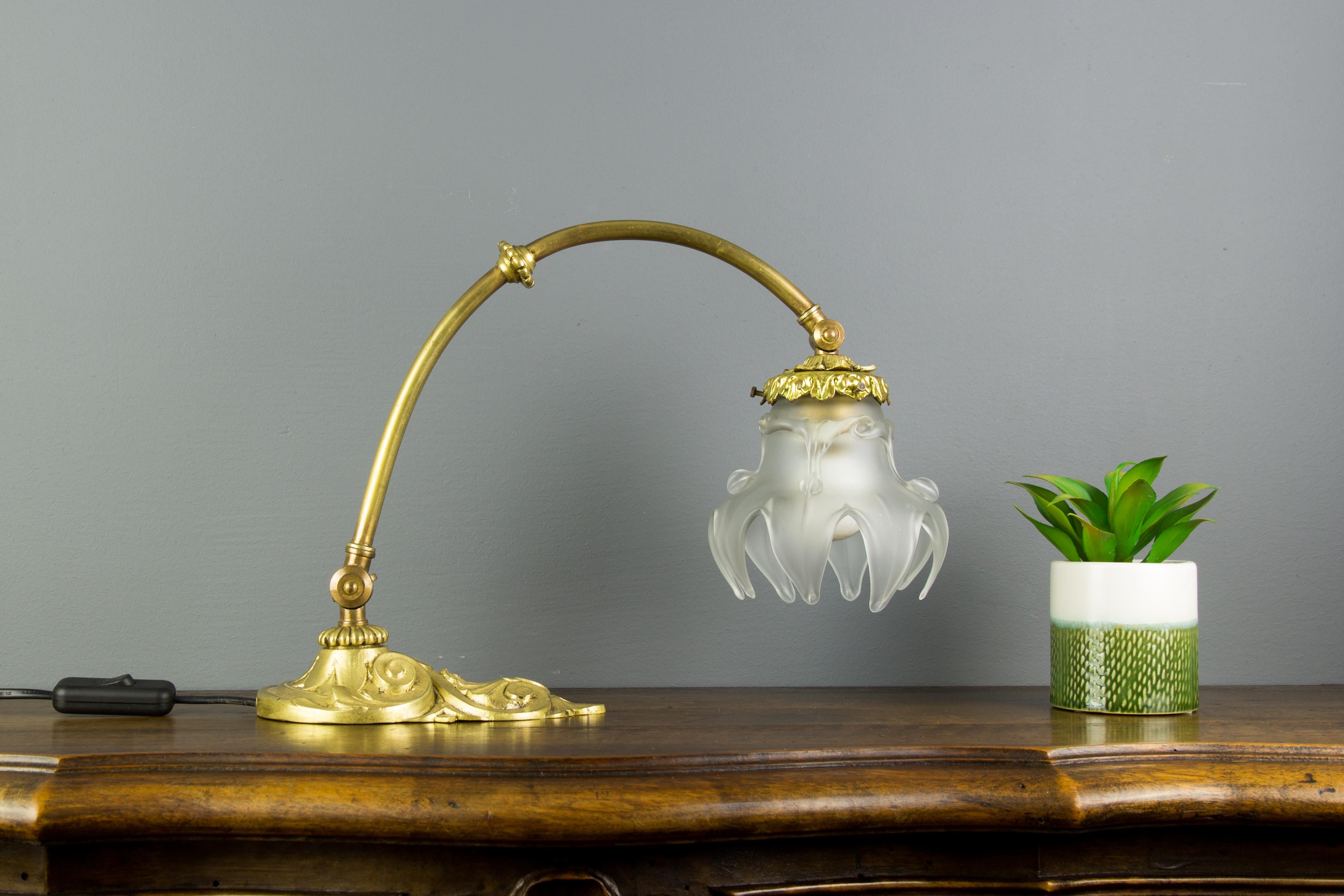 French Bronze Table or Wall Lamp with Frosted Glass Shade, 1930s 5