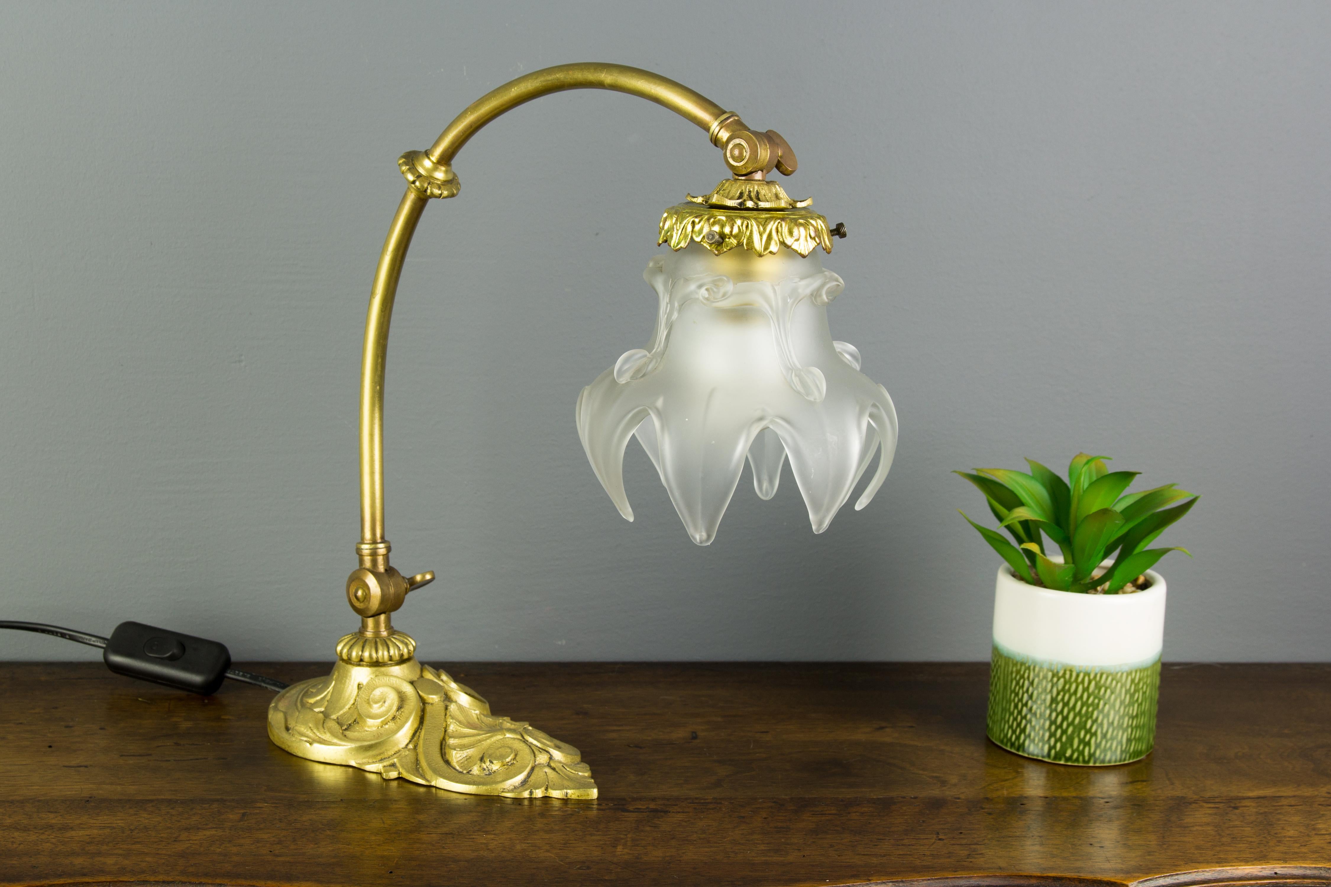 French Bronze Table or Wall Lamp with Frosted Glass Shade, 1930s 6