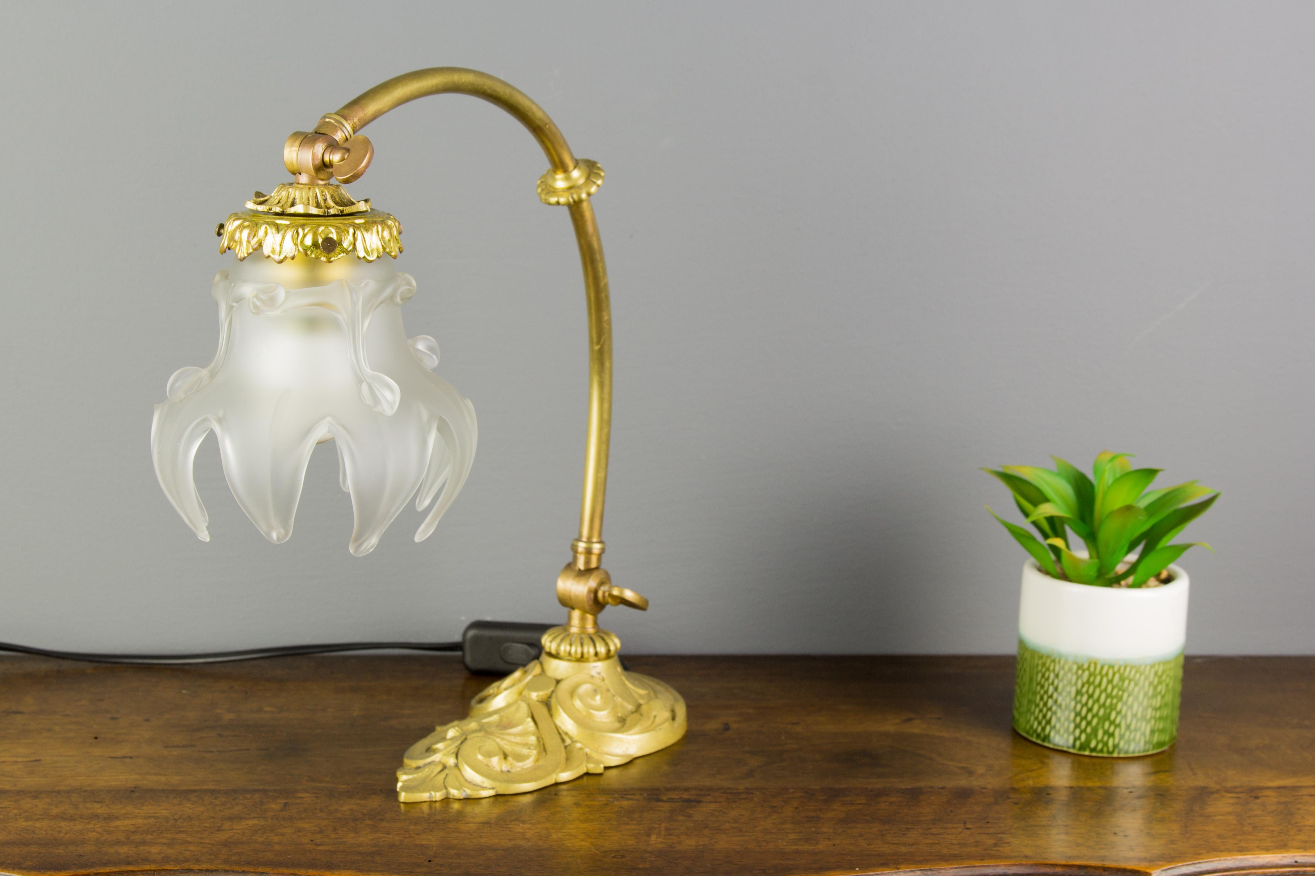 French Bronze Table or Wall Lamp with Frosted Glass Shade, 1930s 8