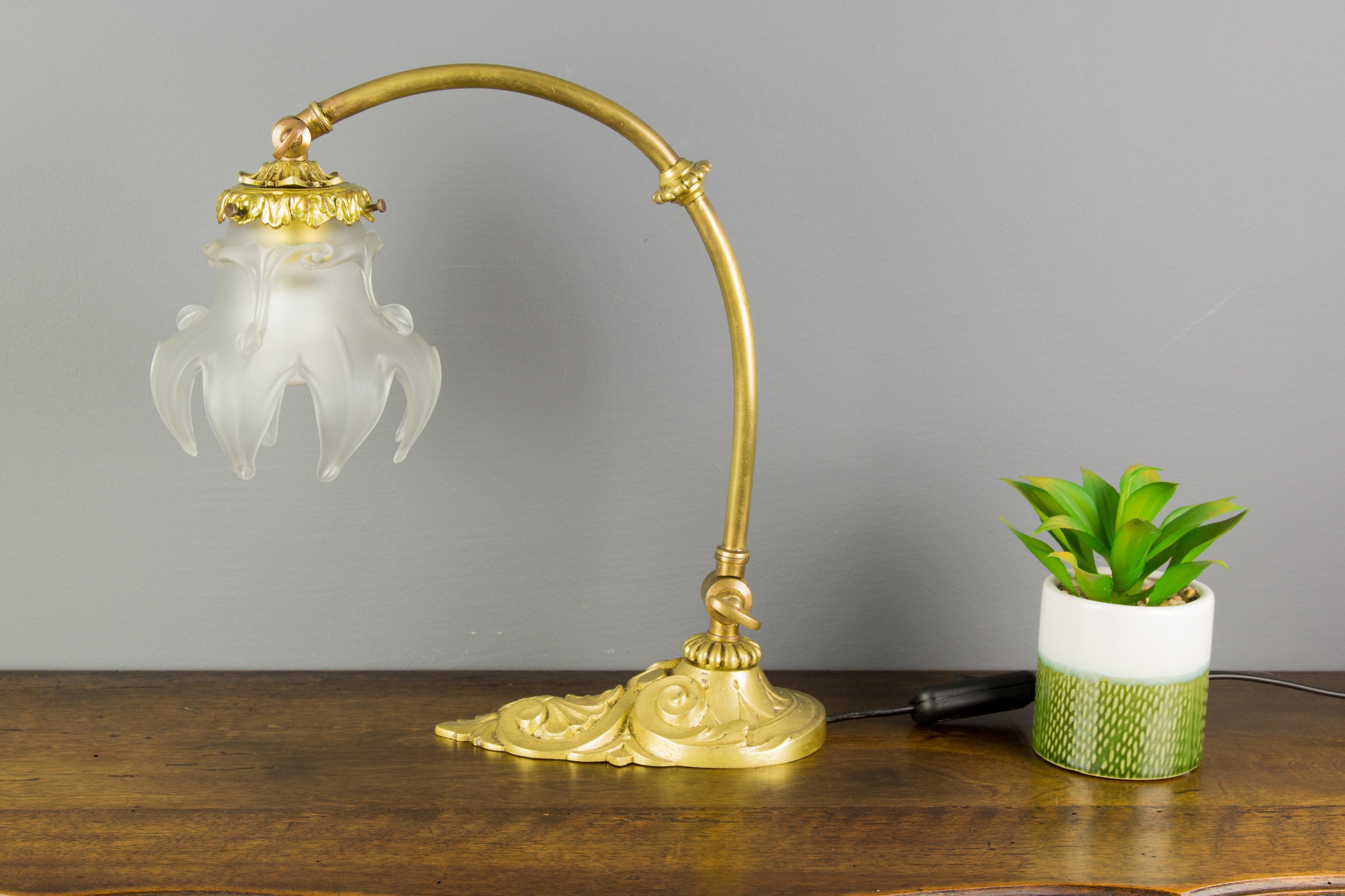 French Bronze Table or Wall Lamp with Frosted Glass Shade, 1930s 9