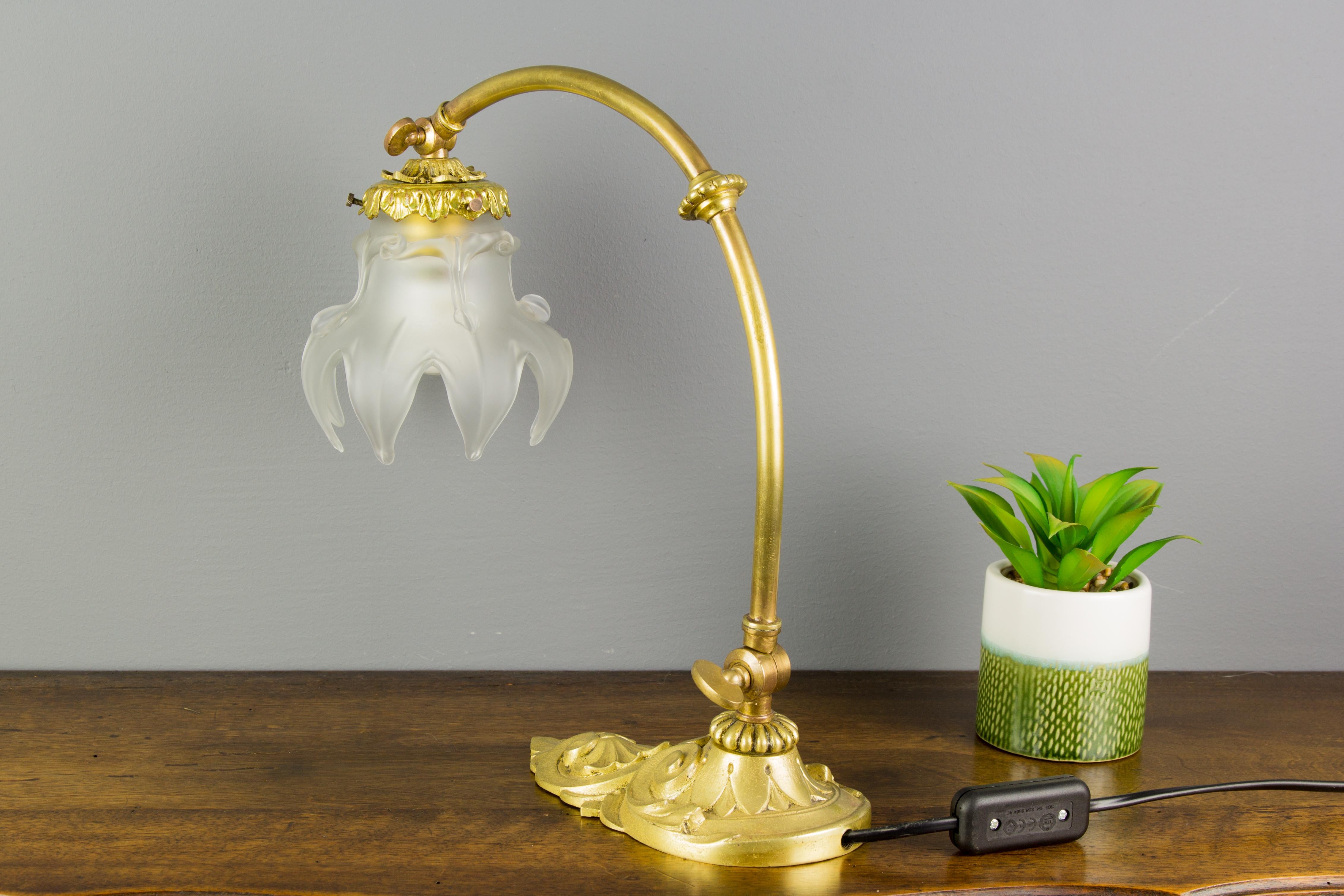 French Bronze Table or Wall Lamp with Frosted Glass Shade, 1930s 10