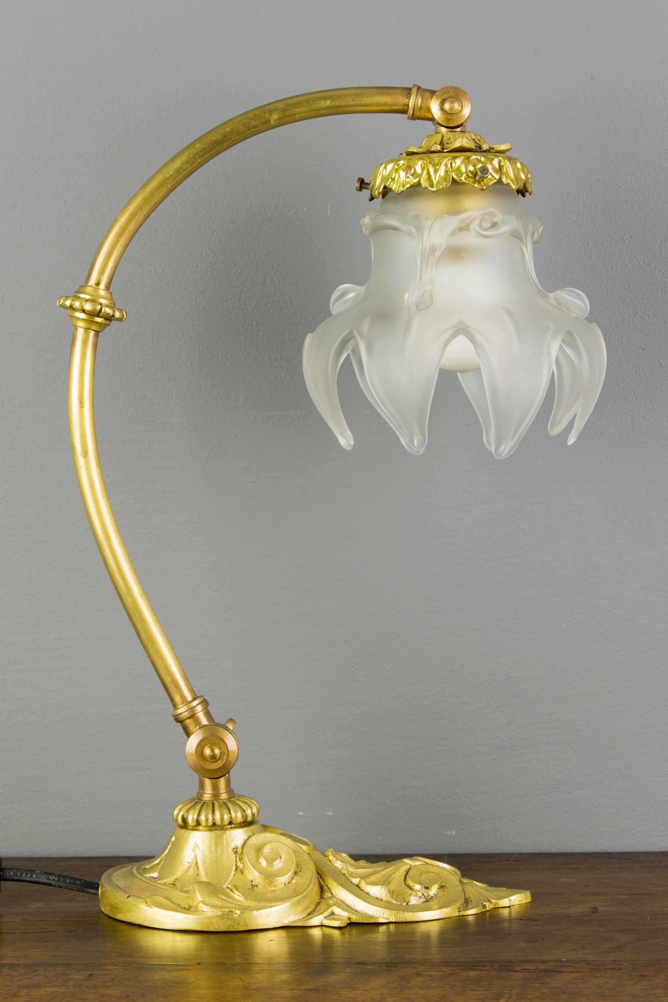 Art Nouveau French Bronze Table or Wall Lamp with Frosted Glass Shade, 1930s