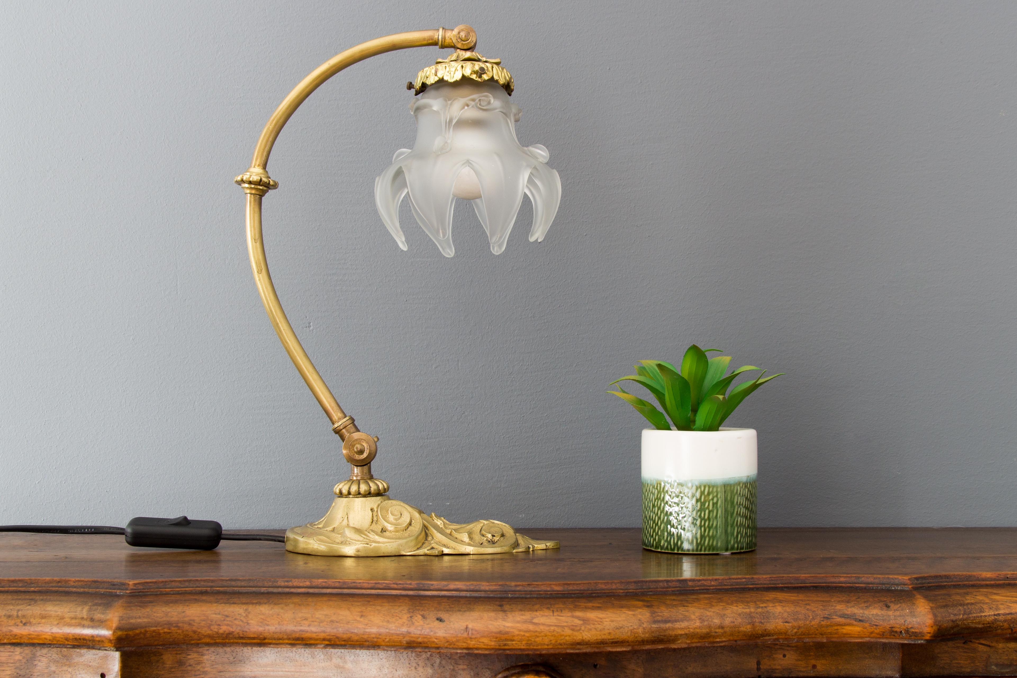 Mid-20th Century French Bronze Table or Wall Lamp with Frosted Glass Shade, 1930s
