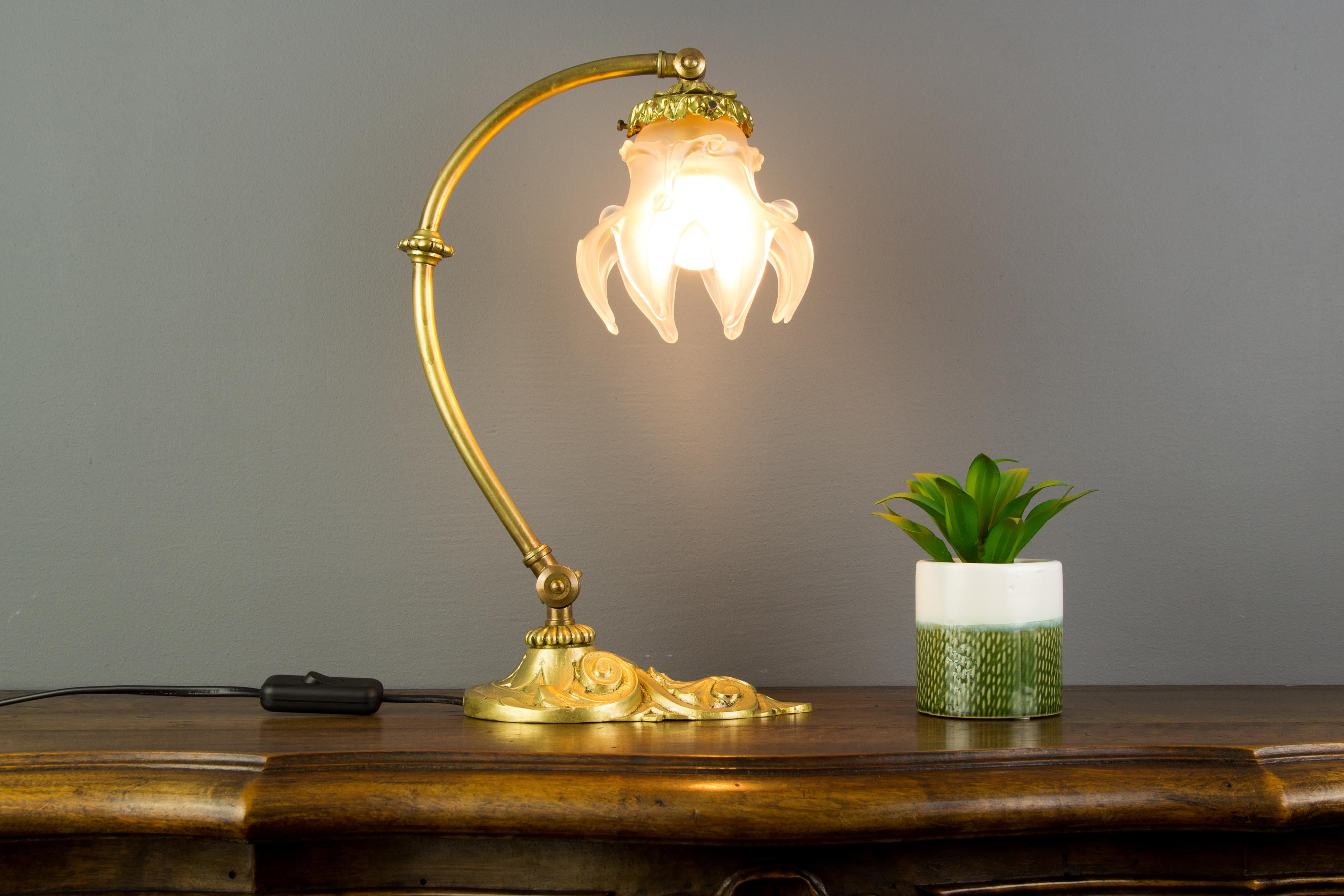 French Bronze Table or Wall Lamp with Frosted Glass Shade, 1930s 1