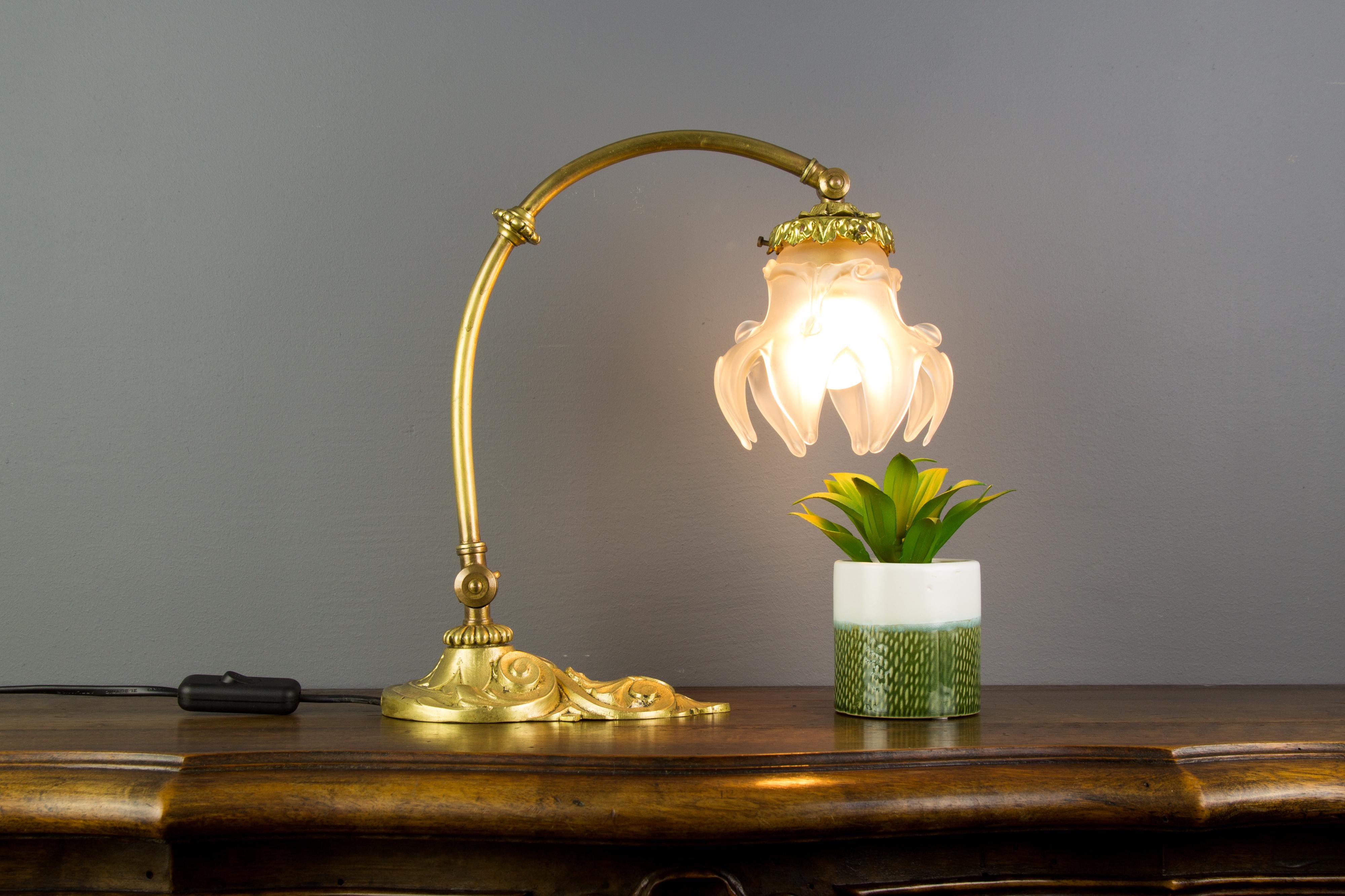 French Bronze Table or Wall Lamp with Frosted Glass Shade, 1930s 2
