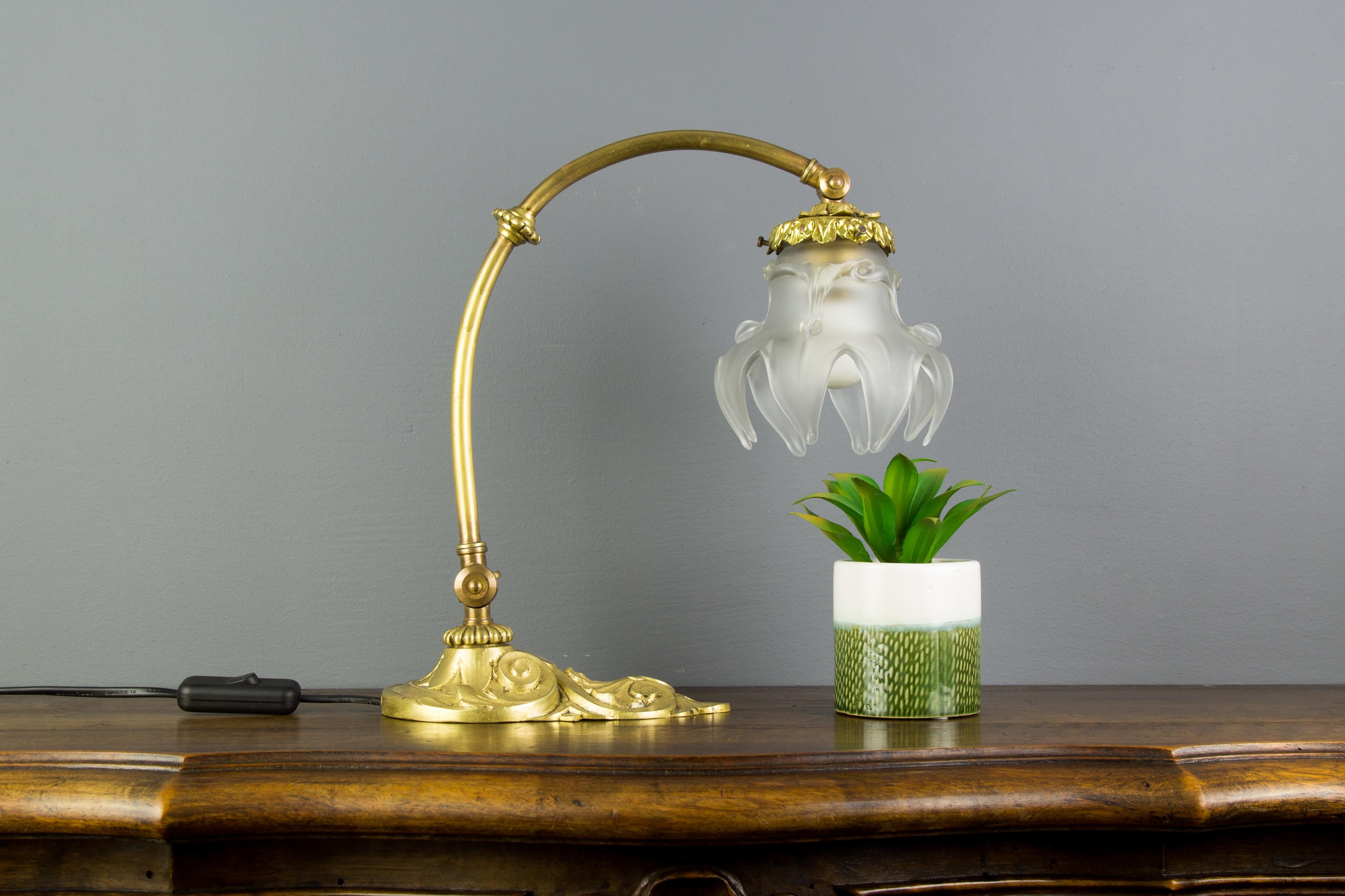French Bronze Table or Wall Lamp with Frosted Glass Shade, 1930s 3